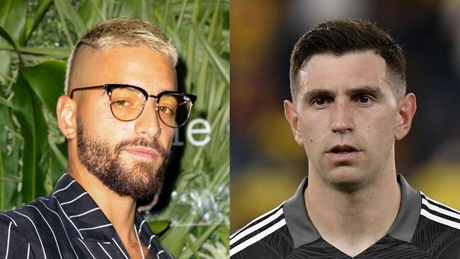 Cantante colombiano Maluma y arquero de la selección argentina Emiliano Martínez. Foto: Alexander Tamargo/Getty Images - Gabriel Aponte/Getty Images