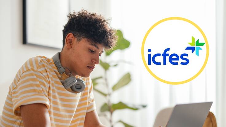 Joven usando su computador. En el círculo, el logo del ICFES (GettyImages / Redes sociales)