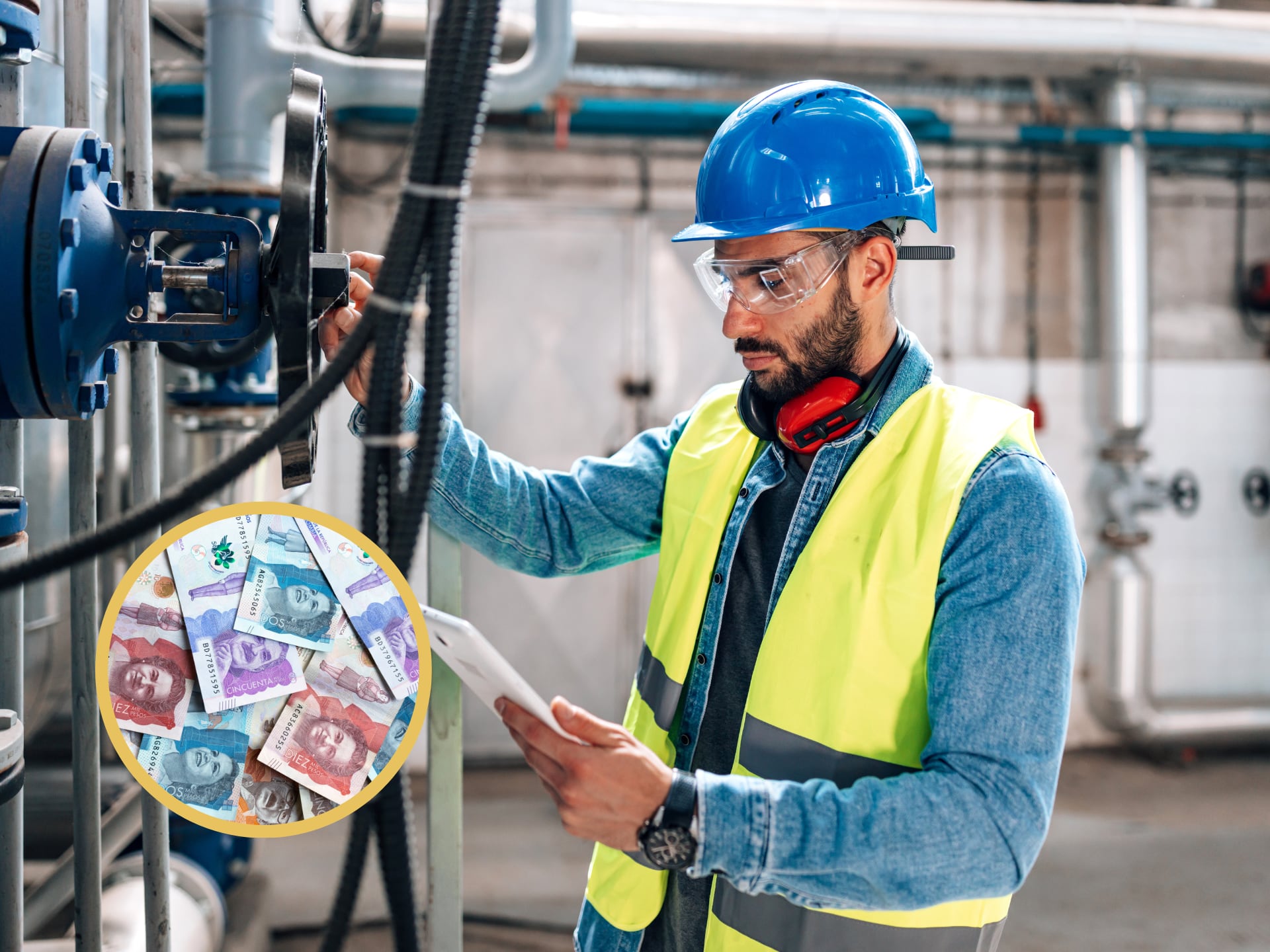 Ingeniero de mantenimiento revisando que el sistema de válvulas funcione correctamente. En el círculo, imagen de billetes colombianos (Fotos vía GettyImages)