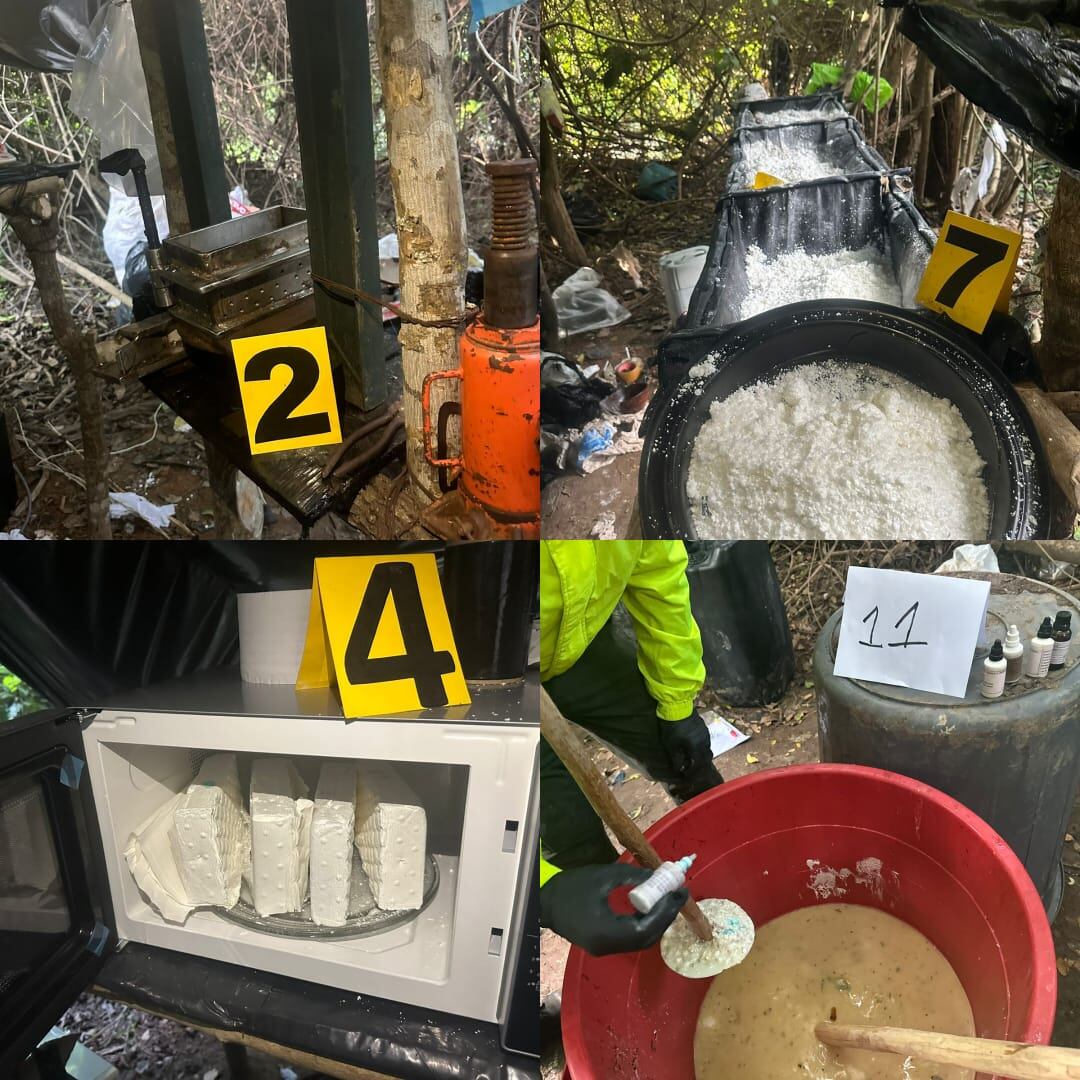 Laboratorio para el procesamiento de clorhidrato de cocaína en zona rural de Cúcuta. Foto: DENOR.