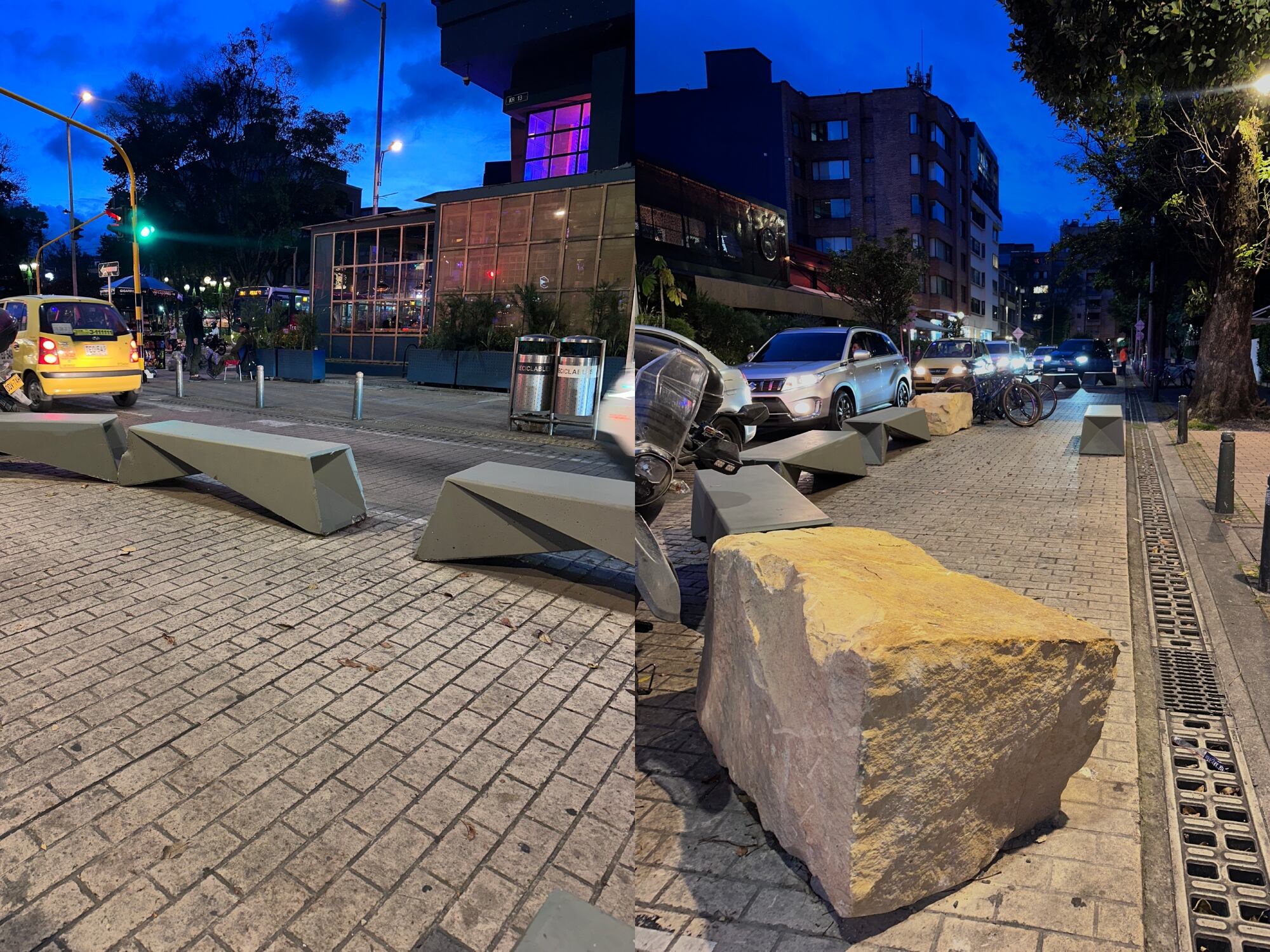 ¿Intervención artística o plan de movilidad? Las nuevas piedras en la carrera 13 con 85 en Bogotá. Fotos: W Radio.