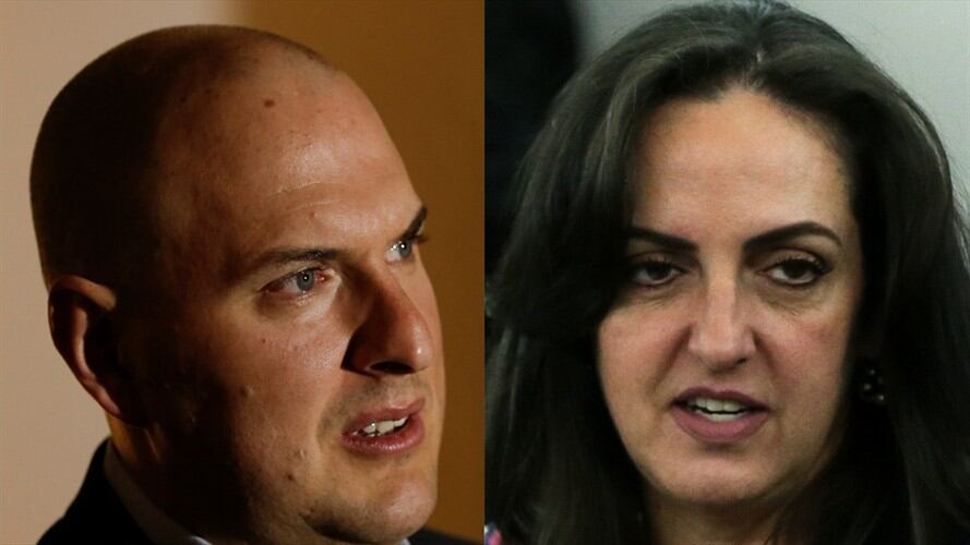 Actor Andrés Parra y senadora María Fernanda Cabal. Foto: Colprensa - Juan Páez / Colprensa - Diego Pineda