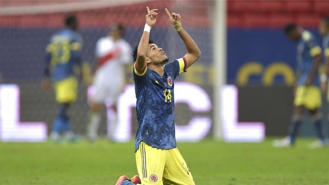 Luis Díaz celebrando su segundo gol ante Perú en la Copa América 2021. Foto: Pedro Vilela/Getty Images