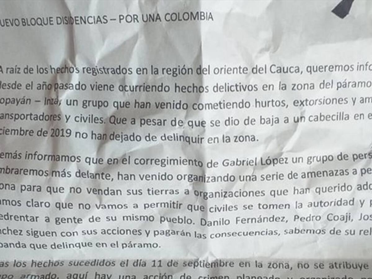 Amenazan a tres líderes campesinos en Totoró, Cauca