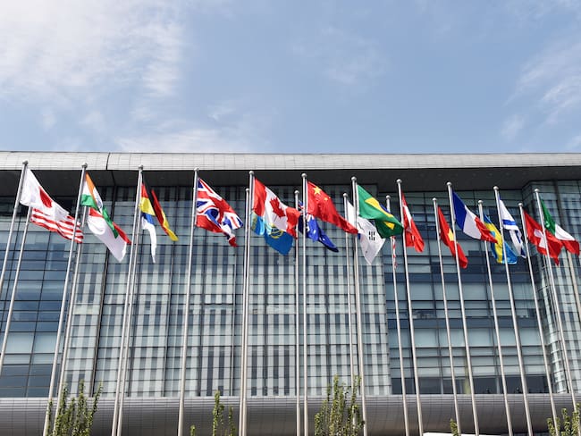 Beijing, China, National Convention Center,  flags,