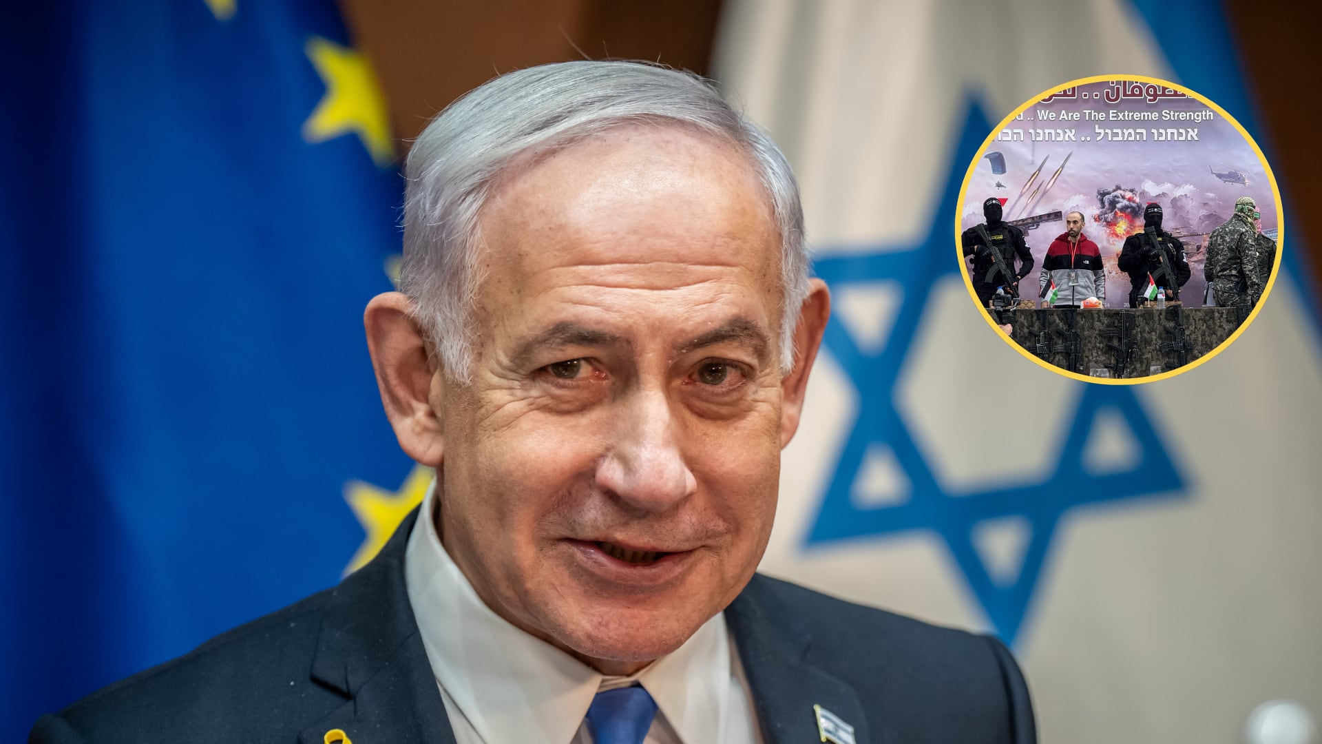 Benjamin Netanyahu. Foto:  Michael Kappeler/picture alliance via Getty Images - Soldados de Hamás. Foto:  Abdallah F.s. Alattar/Anadolu via Getty Images