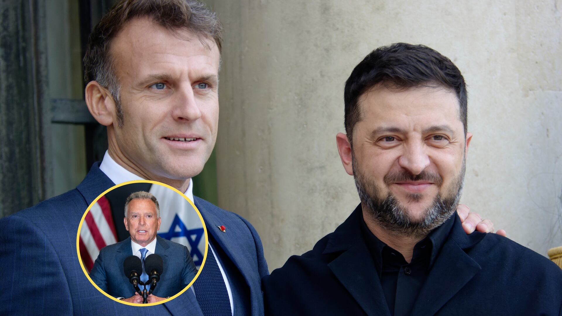Emmanuel Macron, presidente de Francia, Volodimir Zelenski, presidente de Ucrania, Steve Witkoff, enviado de Estados Unidos para Ucrania. Foto: Daniel Pier/NurPhoto via Getty Images/ Nathan Howard - Pool/Getty Images