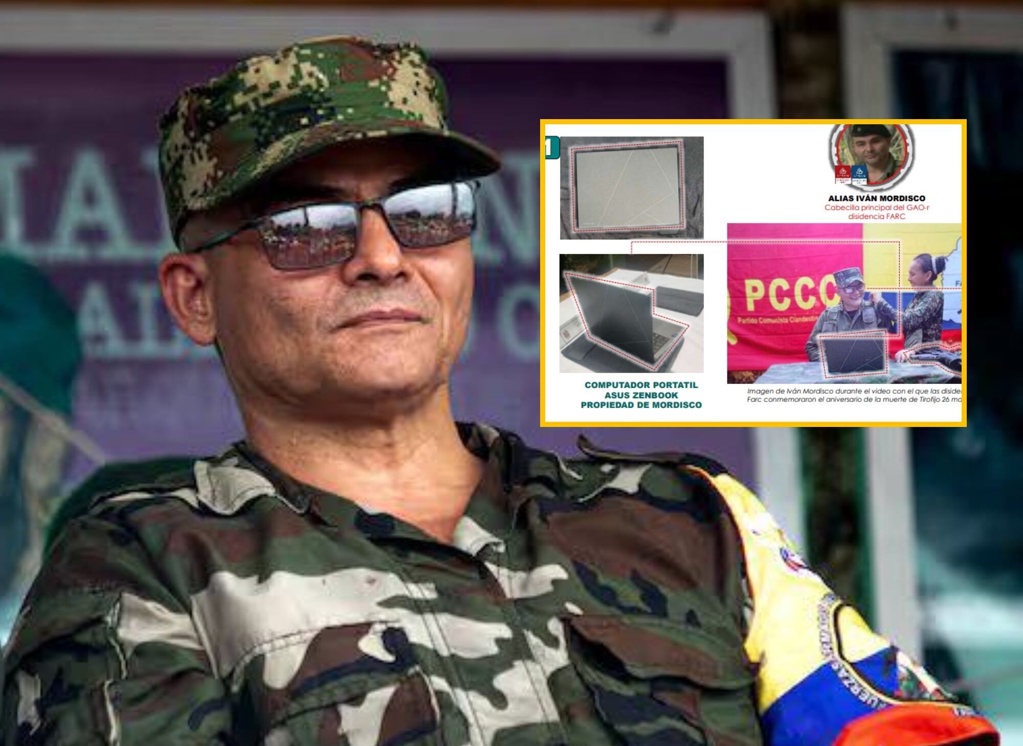 Iván Mordisco y elementos encontrados tras operaciones militares.