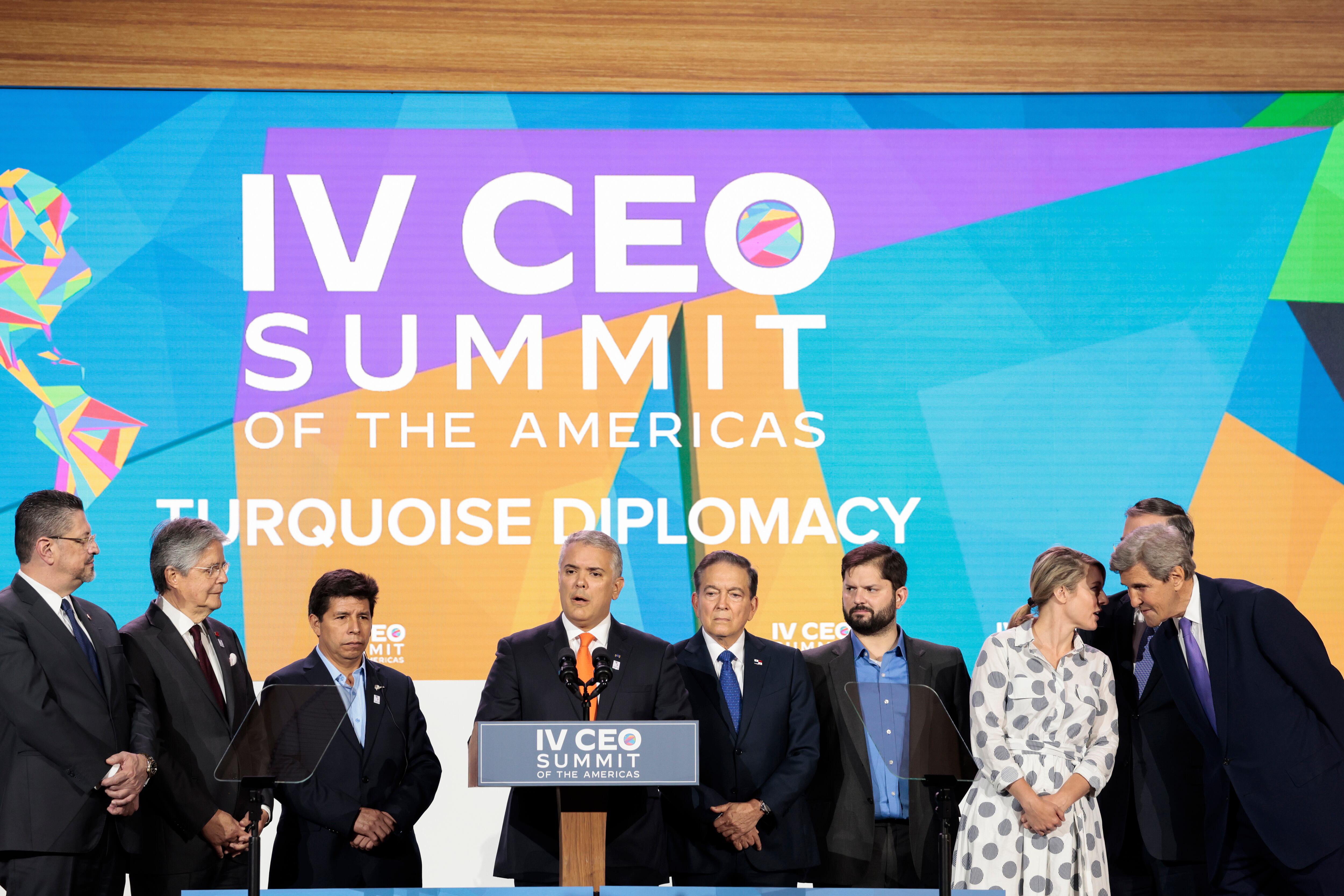 LOS ANGELES, CALIFORNIA - JUNE 09: President Iván Duque Márquez of Colombia (2nd-L) gives remarks after he and fellow leaders from the Summit of the Americas signed the International Coalition to Connect Marine Protected Areas at the IV CEO Summit of the Americas on June 09, 2022 in Los Angeles, California. The CEO Summit entered its second day of events alongside the Summit of the Americas, which is hosting leaders from across the Western Hemisphere. (Photo by Anna Moneymaker/Getty Images)