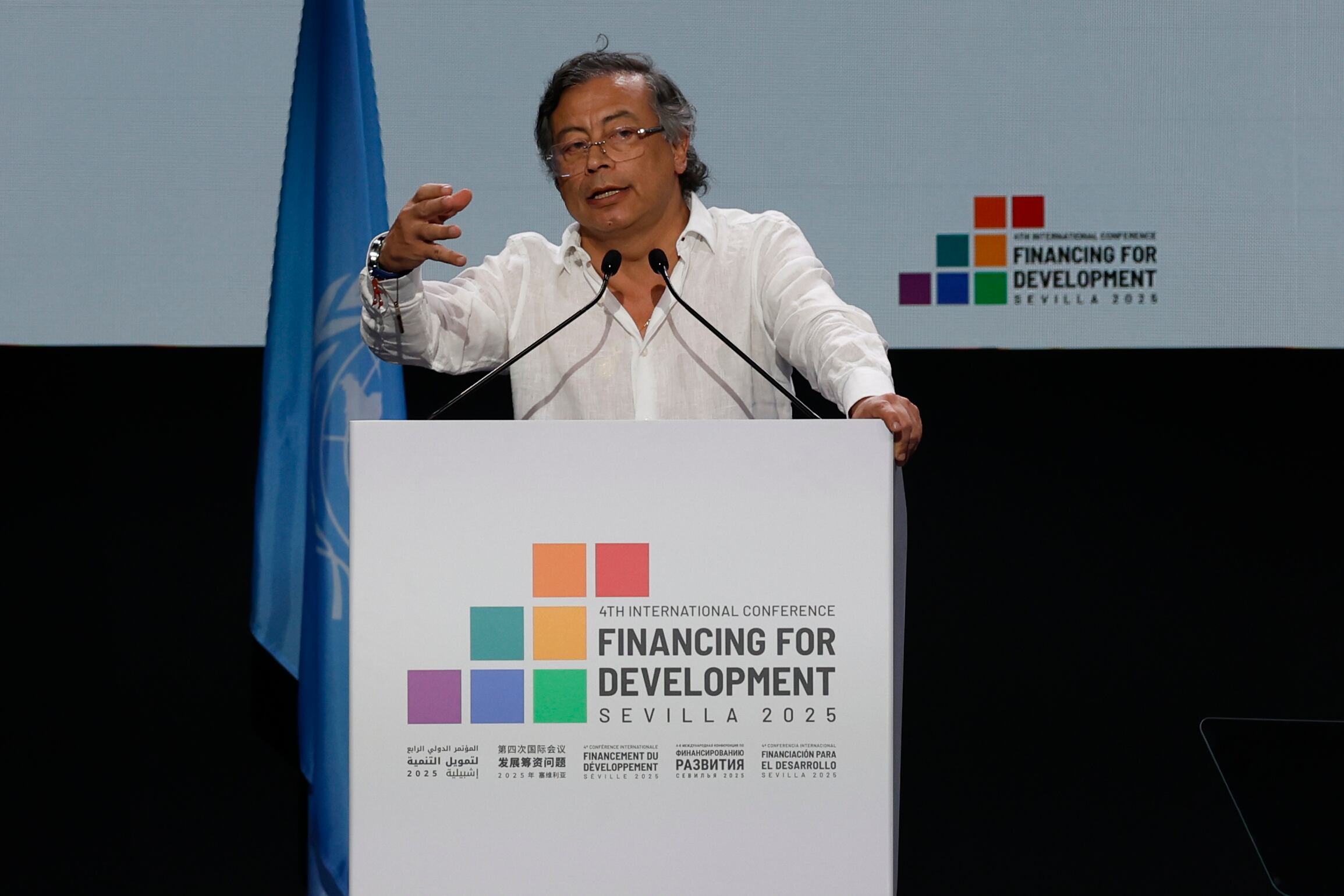 El presidente de Colombia, Gustavo Petro interviene en la IV Conferencia Internacional de la ONU sobre Financiación para el Desarrollo. Foto: EFE.