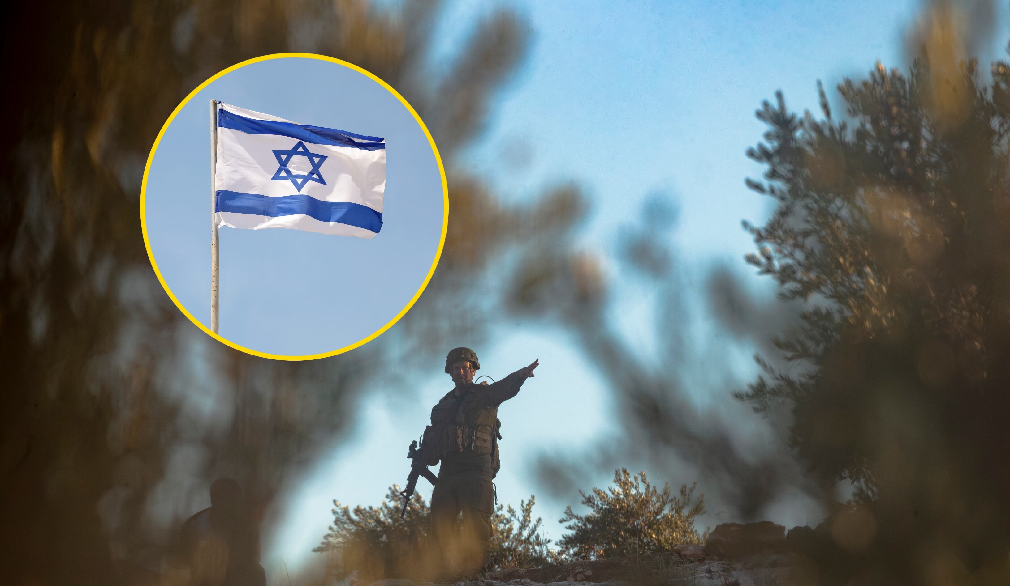 Referencia de confiscar tierras y bandera de Israel. Foto: WAHAJ BANI MOUFLEH/Middle East Images/AFP/ Nick Brundle via Getty Images.