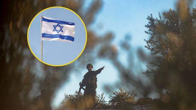Referencia de confiscar tierras y bandera de Israel. Foto: WAHAJ BANI MOUFLEH/Middle East Images/AFP/ Nick Brundle via Getty Images.