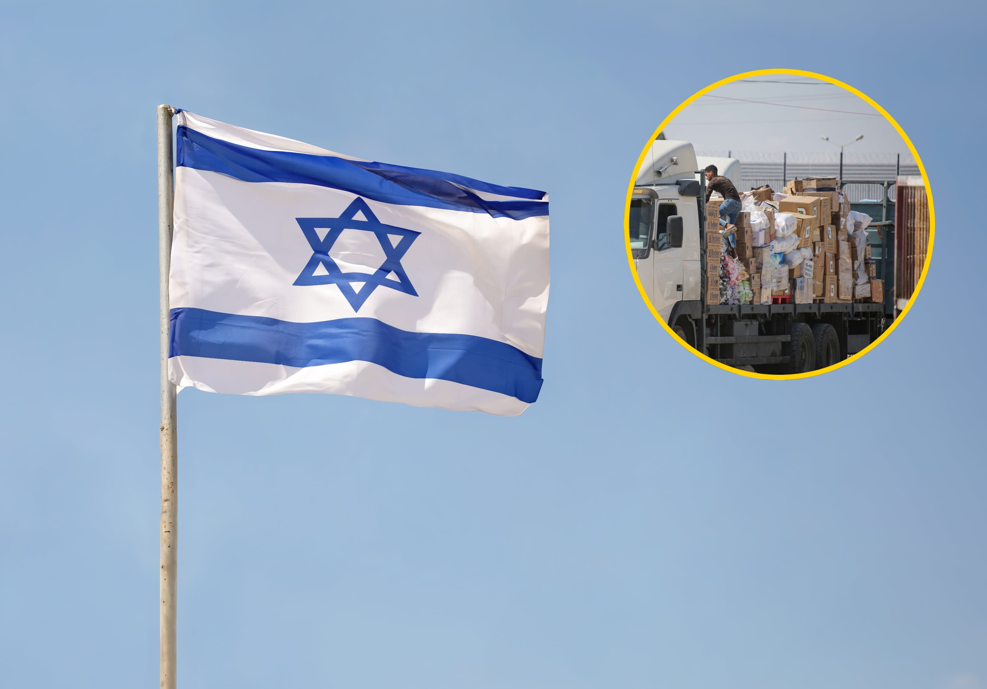 Bandera de Israel y ayuda humanitaria en Gaza. Foto: Ahmad Hasaballah/Getty Images.