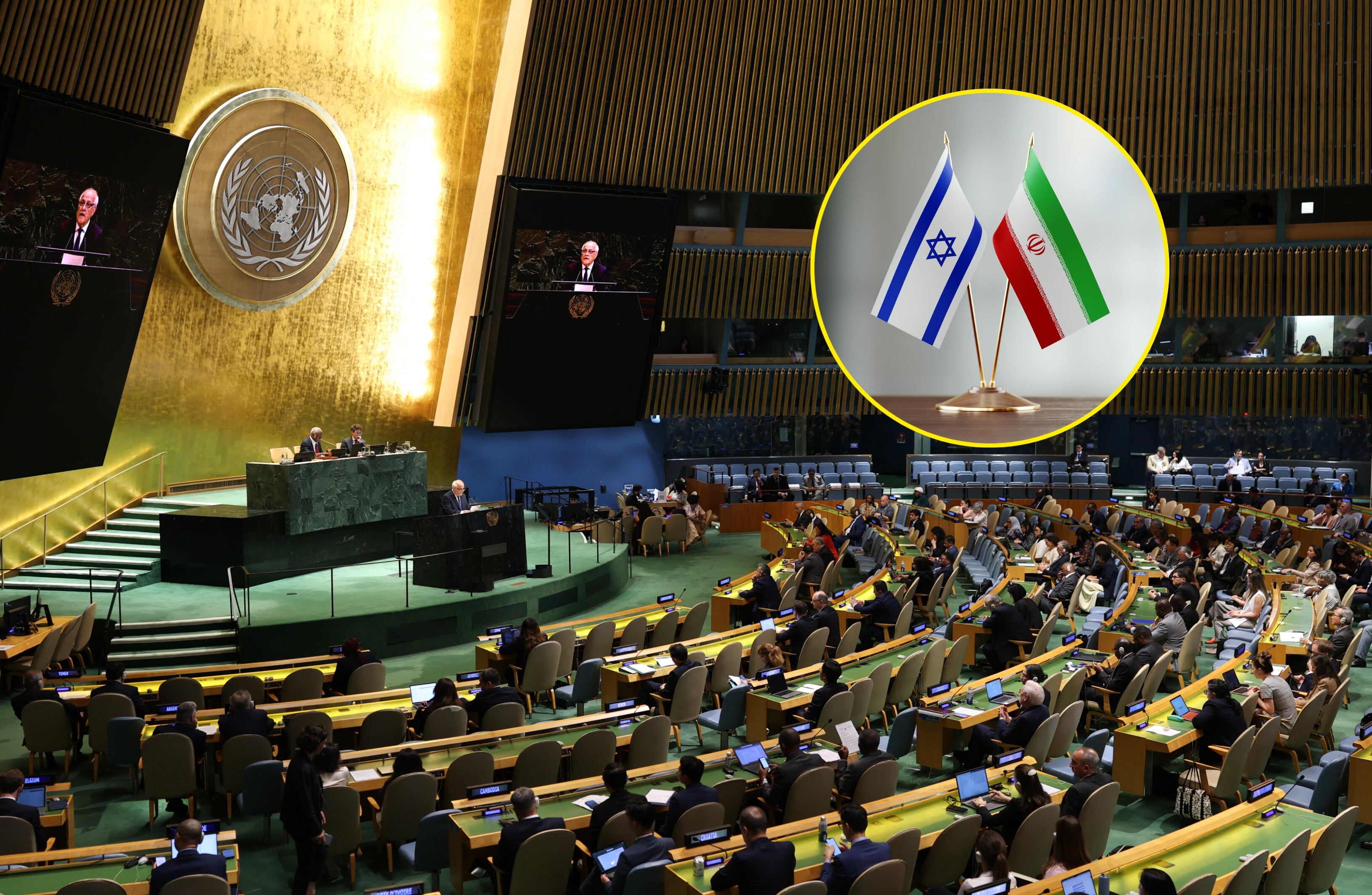 Referencia de Consejo de Seguridad de la ONU y banderas de Israel e Irán. Foto: CHARLY TRIBALLEAU/AFP/ MicroStuckHub vía Getty Images.