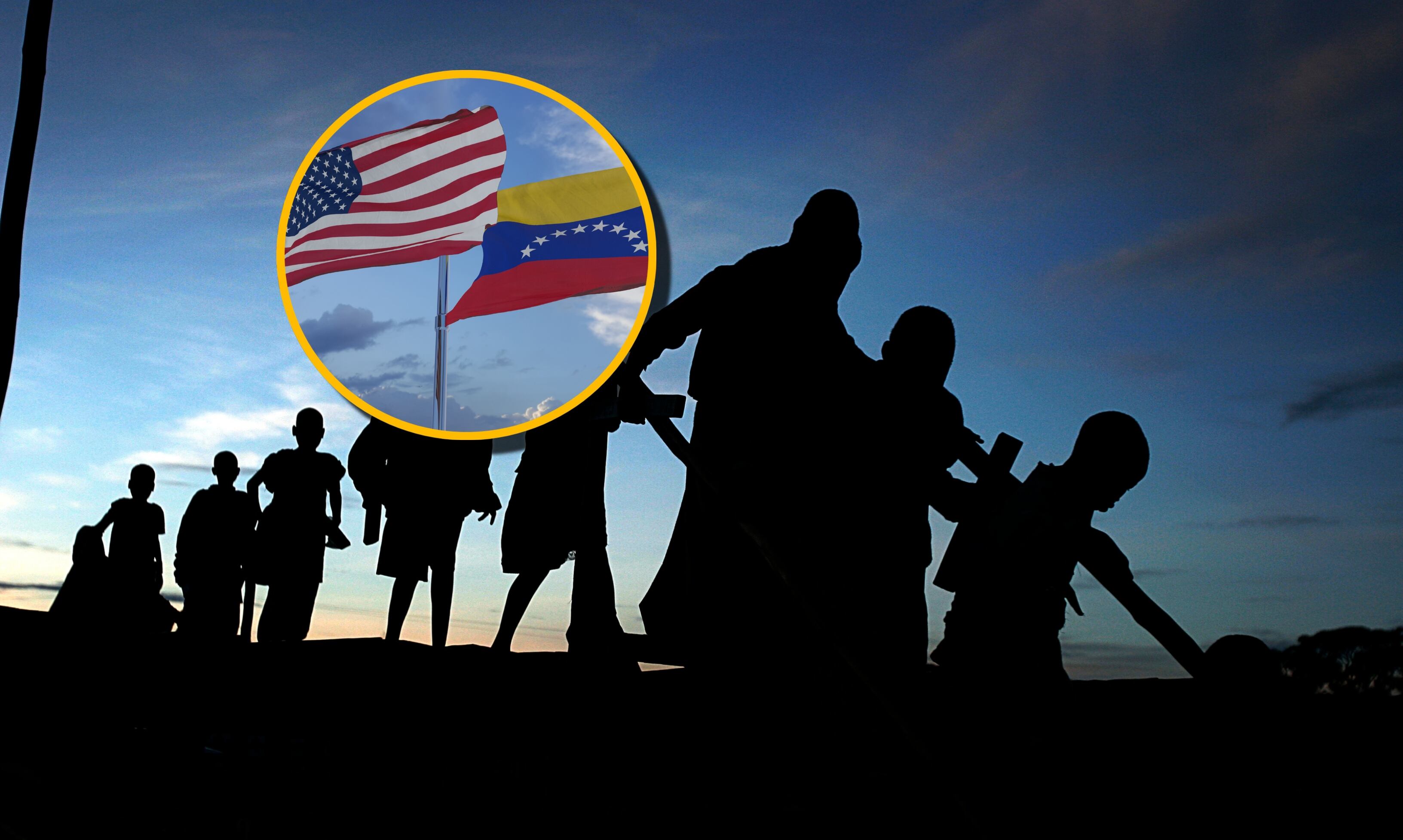Referencia de migrantes y banderas de Venezuela y EE.UU. Foto: themotioncloud y Per-Anders Pettersson/Getty Image.