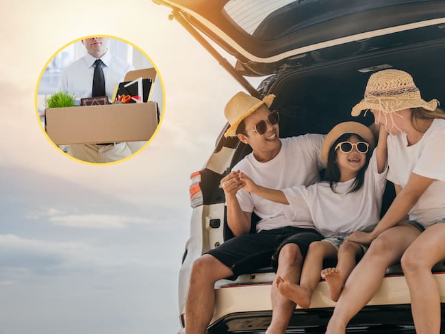 De fondo, una familia disfrutando sus vacaciones. En el círculo, la imagen de una persona siendo despedida / Fotos: GettyImages