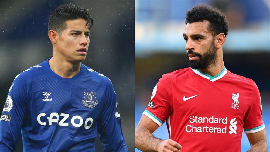 James Rodríguez contra Mohamed Salah en el clásico de Liverpool. Foto: Getty
