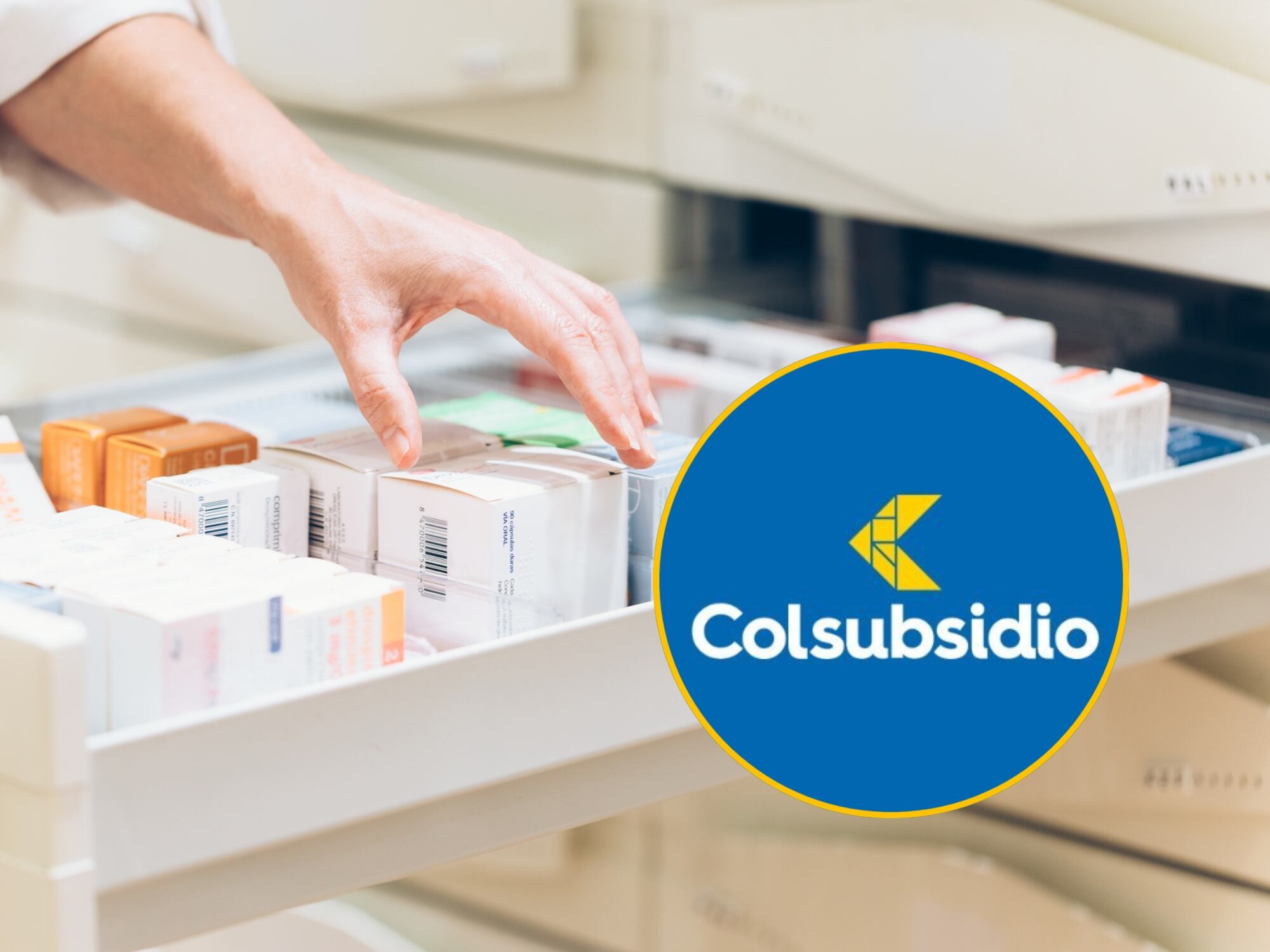 Imagen de referencia de medicamentos y logo de Colsubsidio. Fotos: Getty Images / X @Colsubsidio_Ofi