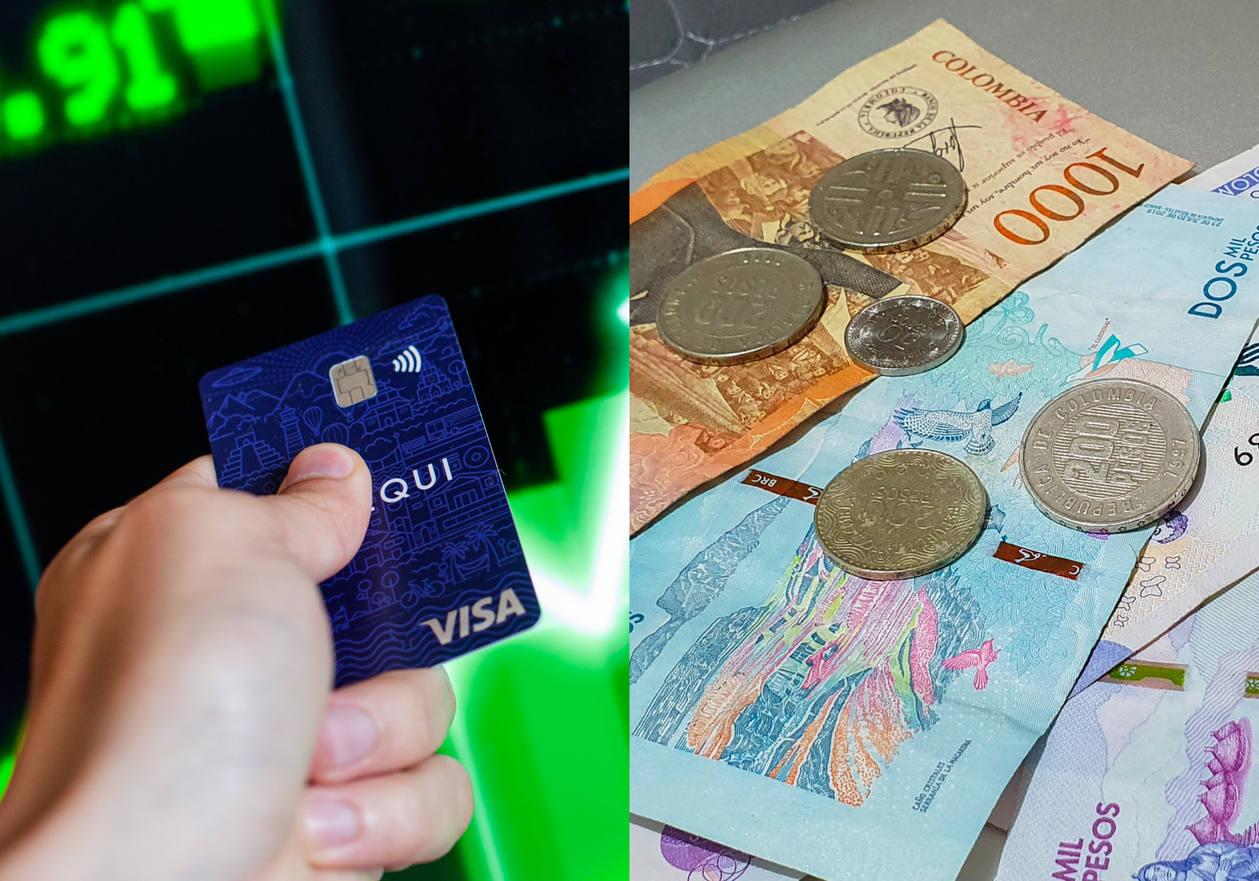 Imagen de referencia de una tarjeta de Nequi (Sebastián Barros/NurPhoto vía Getty Images) y dinero colombiano en efectivo (Kryssia Campos/Getty Images)