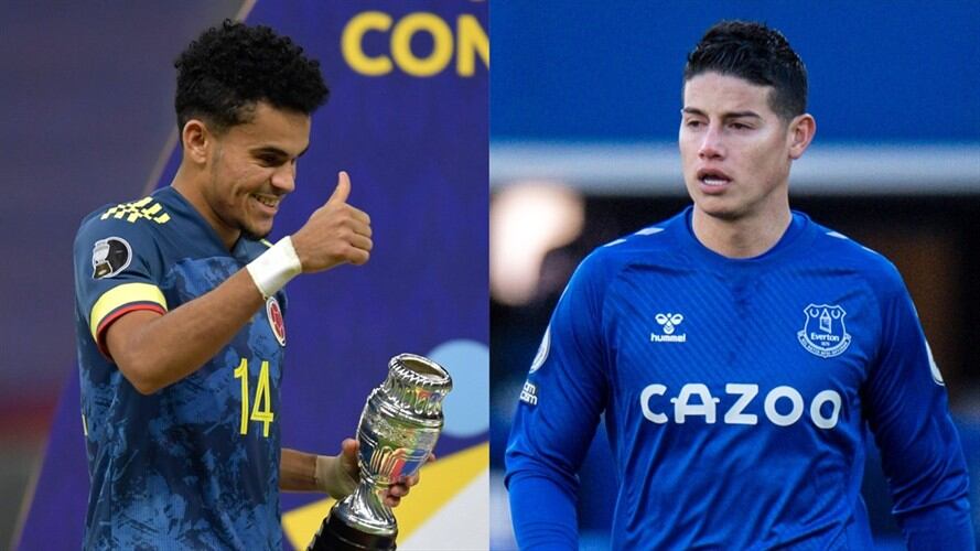 Futbolistas colombianos Luis Díaz y James Rodríguez. Foto: Pedro Vilela/Getty Images - Sebastian Frej/MB Media/Getty Images