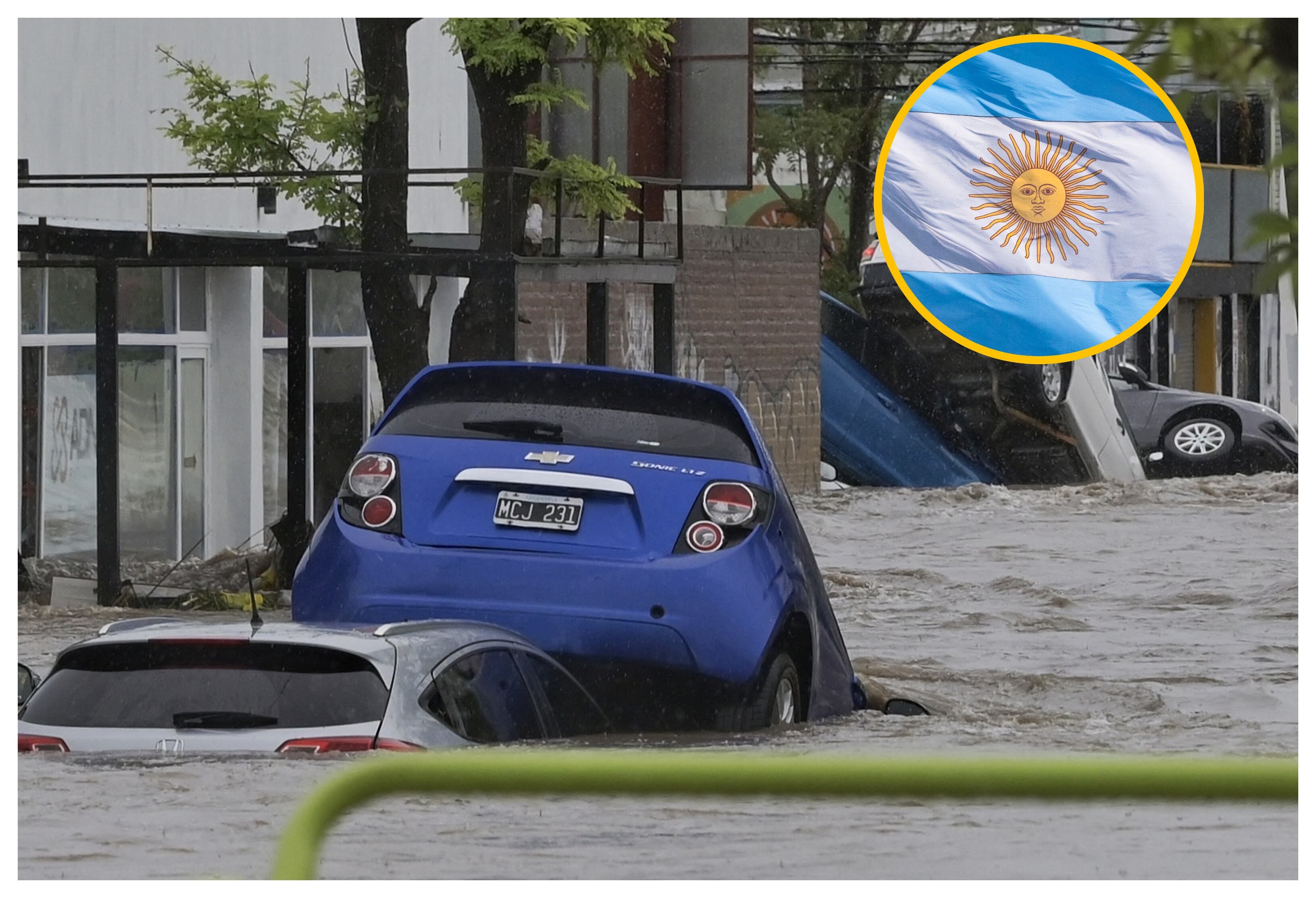 Inundaciones en Argentina y bandera de Argentina. Foto: PABLO PRESTI/AFP via Getty Images / Getty Images