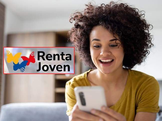 Mujer joven revisando su celular (Getty Images) / Logo de Renta Joven