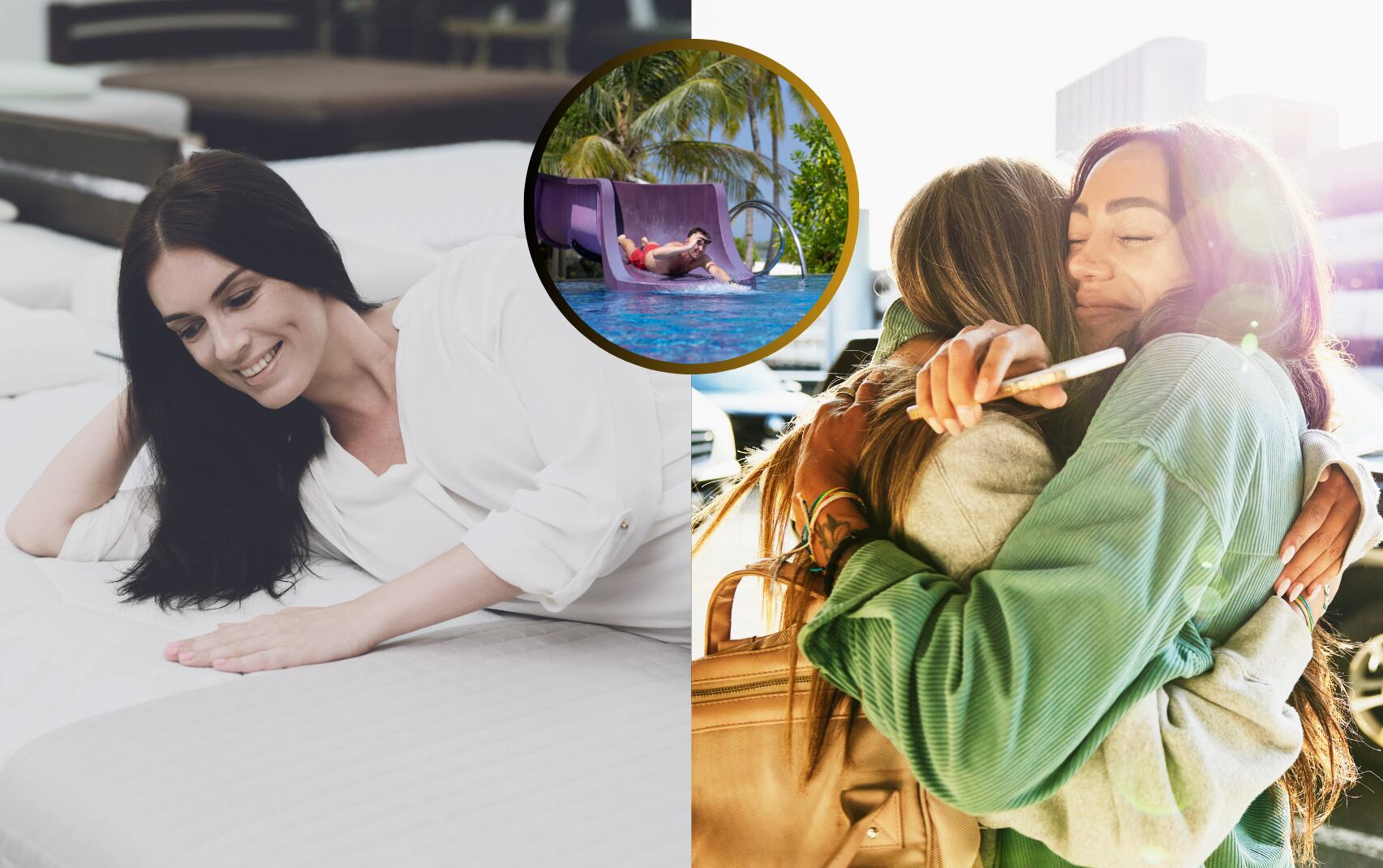 Una mujer probando un colchón, al lado dos mujeres abrazándose y de fondo un hombre lazándose de un tobogán acuático (Fotos vía Getty Images)