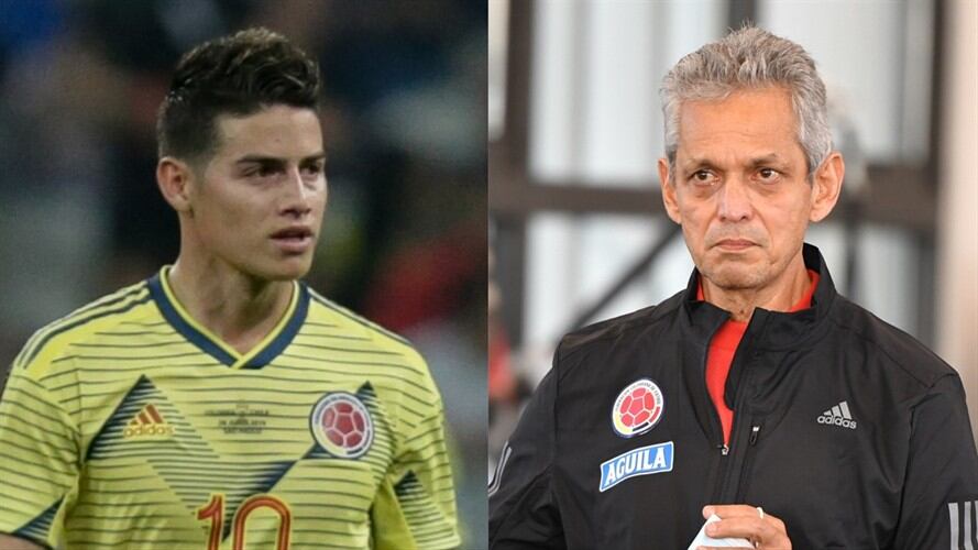 Futbolista James Rodríguez y técnico de la Selección Colombia, Reinaldo Rueda. Foto: Colprensa - Diego Pineda / Cortesía FCF