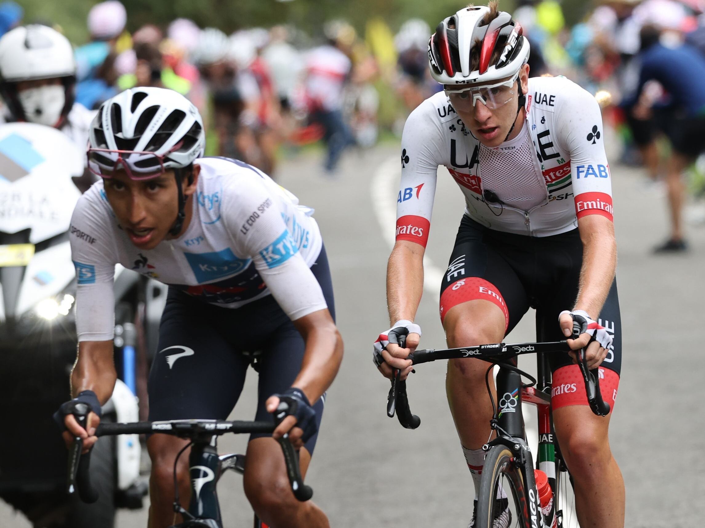 (From L) Team Ineos rider Colombia's Egan Bernal, Team UAE Emirates rider Slovenia's Tadej Pogacar, Team Bahrain rider Spain's Mikel Landa, Team Jumbo rider Slovenia's Primoz Roglic ride during the 9th stage of the 107th edition of the Tour de France cycling race, 154 km between Pau and Laruns, on September 6, 2020. (Photo by KENZO TRIBOUILLARD / AFP) (Photo by KENZO TRIBOUILLARD/AFP via Getty Images)