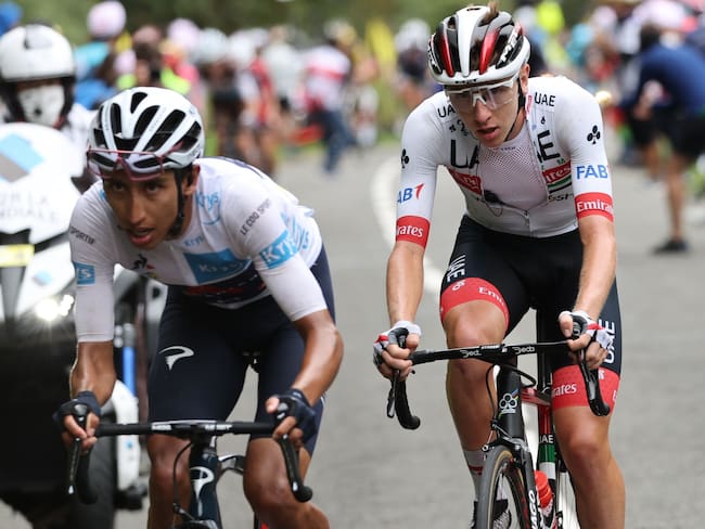 (From L) Team Ineos rider Colombia&#039;s Egan Bernal, Team UAE Emirates rider Slovenia&#039;s Tadej Pogacar, Team Bahrain rider Spain&#039;s Mikel Landa, Team Jumbo rider Slovenia&#039;s Primoz Roglic ride during the 9th stage of the 107th edition of the Tour de France cycling race, 154 km between Pau and Laruns, on September 6, 2020. (Photo by KENZO TRIBOUILLARD / AFP) (Photo by KENZO TRIBOUILLARD/AFP via Getty Images)