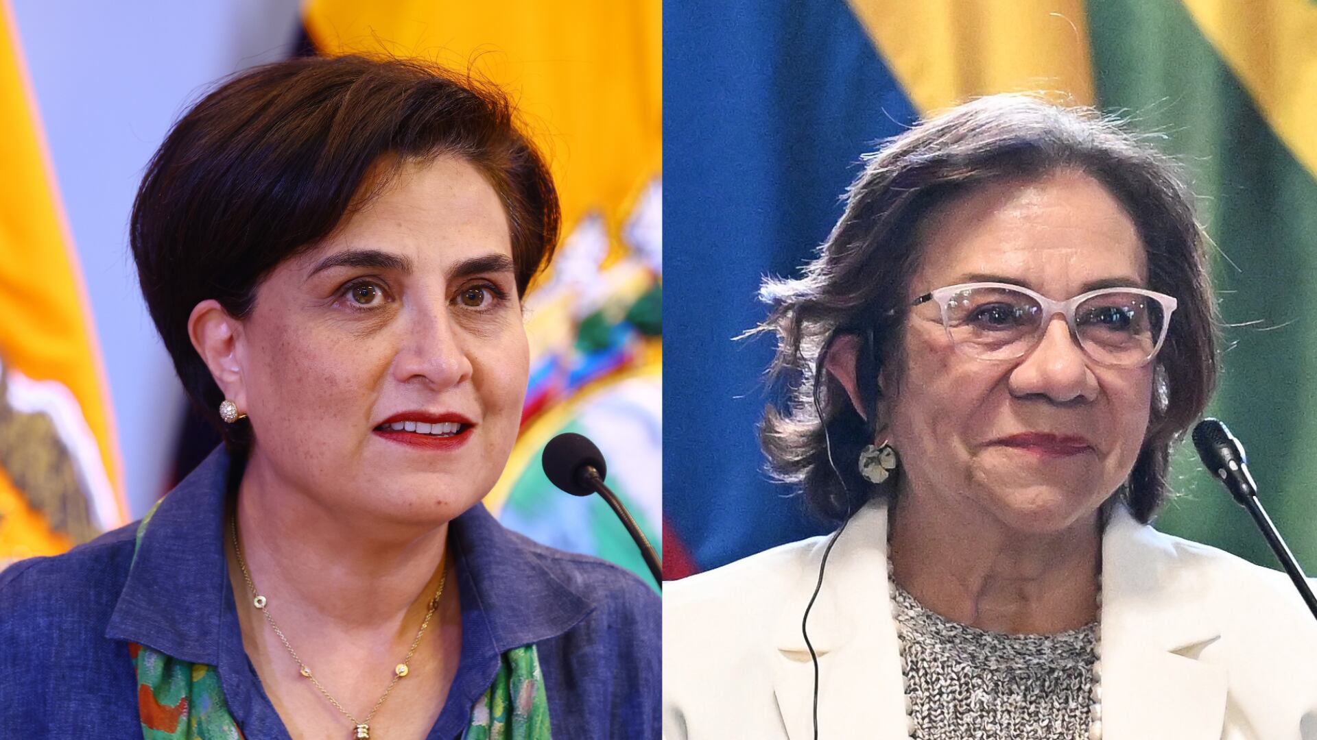 Canciller de Ecuador, Gabriela Sommerfeld y su homóloga de Colombia, Rosa Villavicencio. Foto: Franklin Jacome/Agencia Press South/Getty Images/ Luis ACOSTA / AFP) (Photo by LUIS ACOSTA/AFP via Getty Images