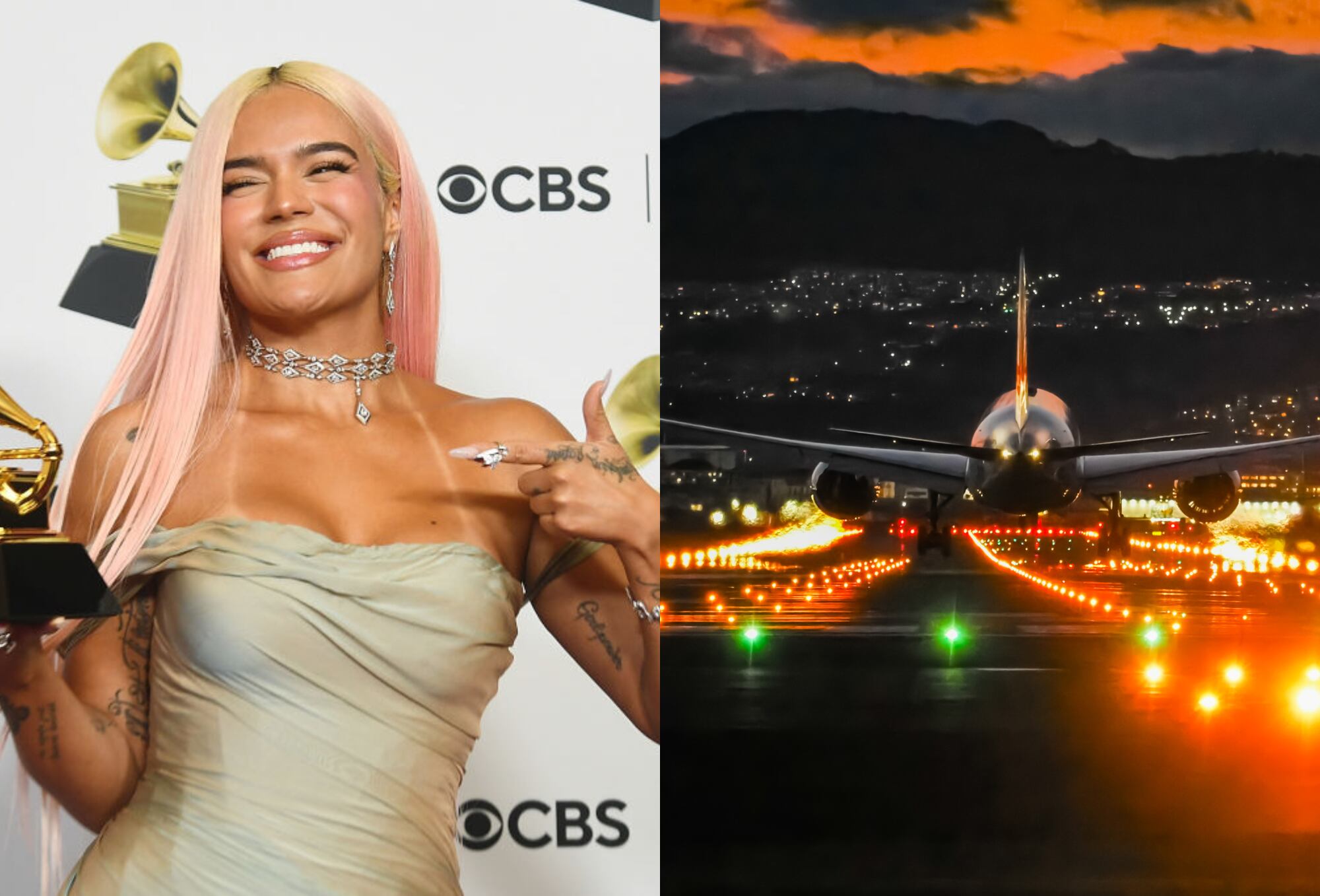 Collage cantante Karol G e imagen de referencia aterrizaje aéreo. Fotos: Getty Images.