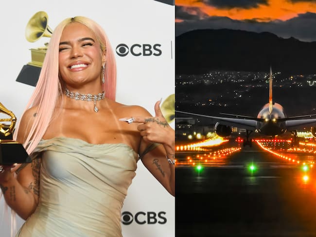 Collage cantante Karol G e imagen de referencia aterrizaje aéreo. Fotos: Getty Images.