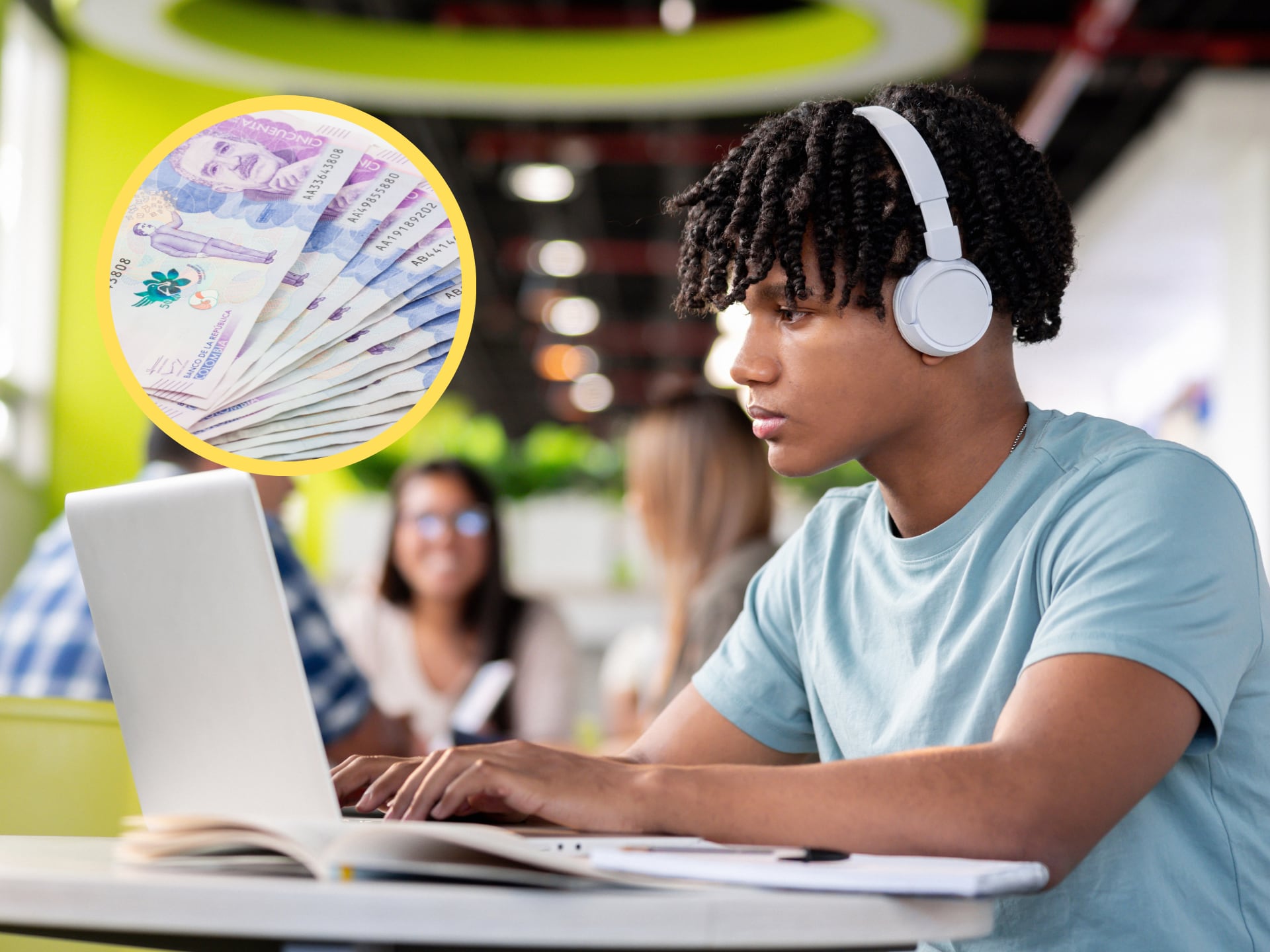 Joven estudiando, encima billetes colombianos (GettyImages)