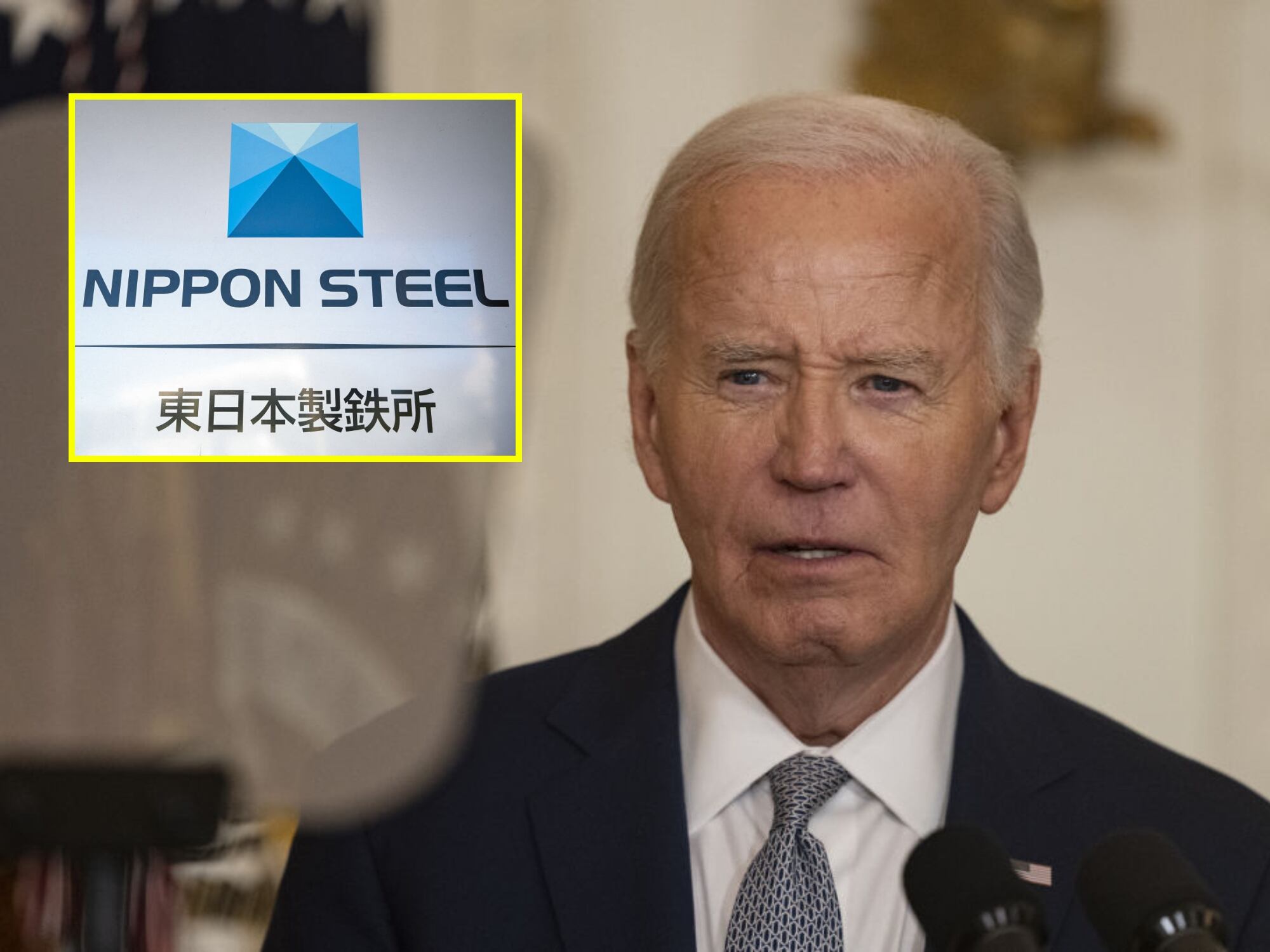 Joe Biden. I Foto: Celal Gunes/Anadolu via Getty Images. Logo de Nippon Steel. I Foto: RICHARD A. BROOKS/AFP via Getty Images.