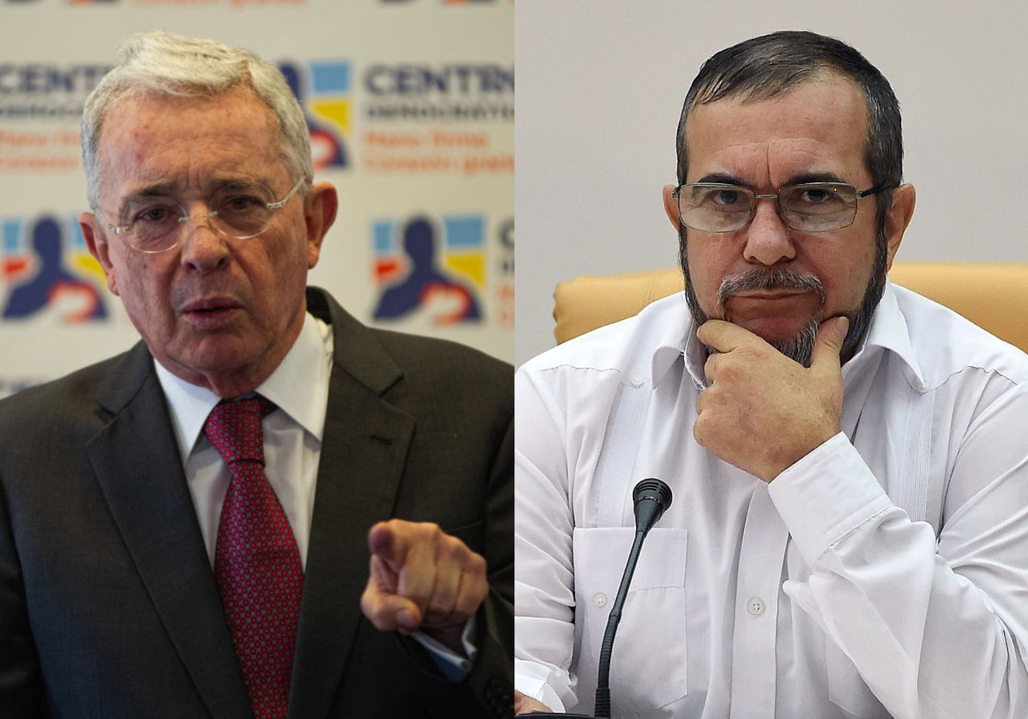 Expresidente Álvaro Uribe (derecha) y Rodrigo Londoño, alias 'Timochenko', excomandante de las extintas Farc (derecha). Fotos: Getty Images.