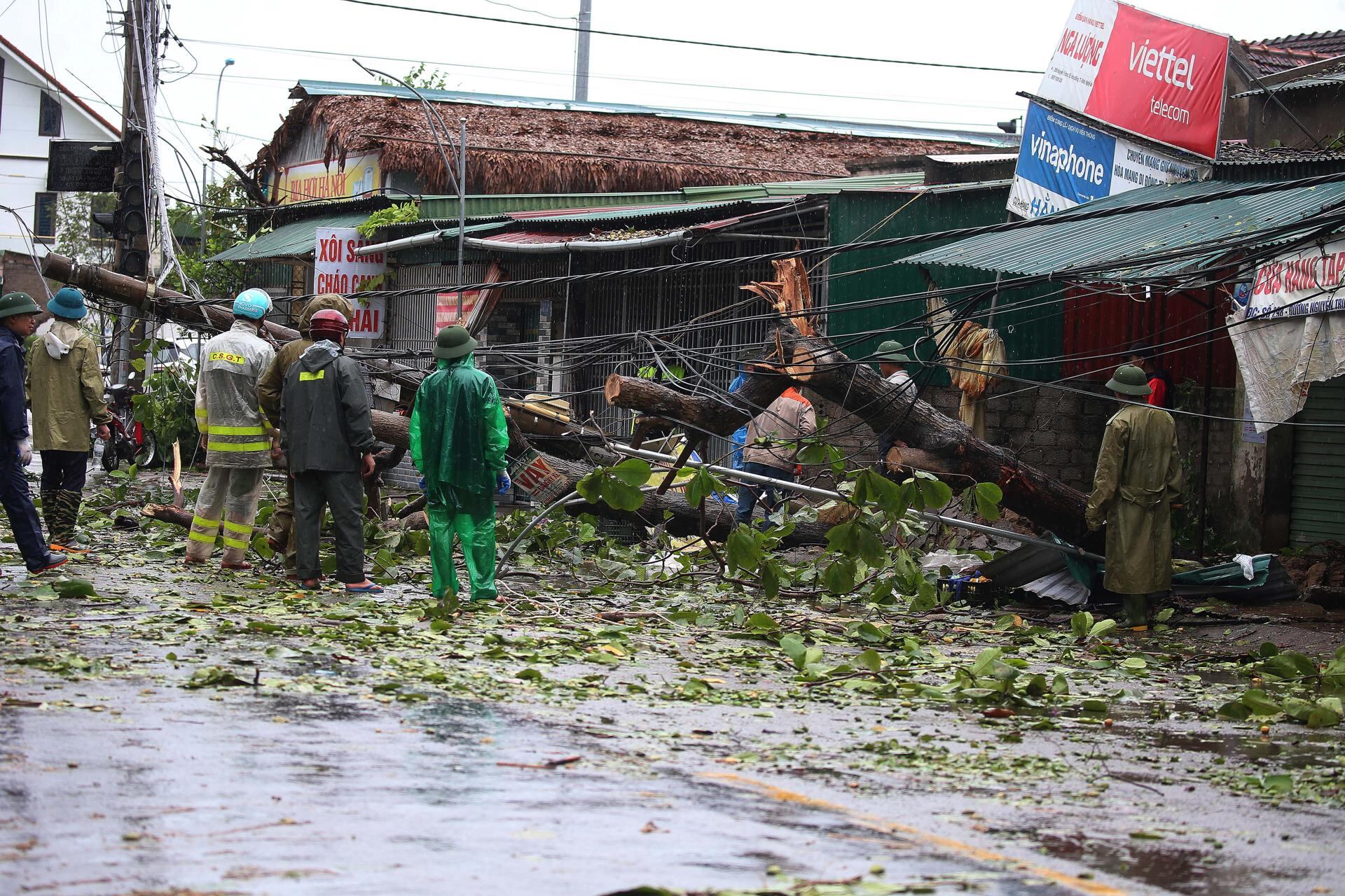 VINH (Viet Nam), 26/08/2025.- Workers remove a fallen tree at a street in Vinh City, Nghe An province, Vietnam, 26 August 2025. Typhoon Kajiki made landfall in central Vietnam on 25 August, bringing torrential rains, mass evacuations, and the closure of airports and schools. EFE/EPA/LUONG THAI LINH