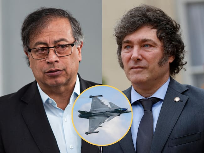 Milei y Petro, así como un ejemplar de los aviones Gripen (Fotos vía Getty Images)