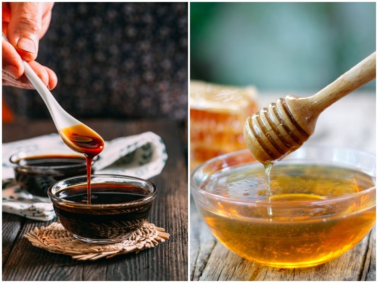 A la izquierda, melaza. A la derecha, miel de abeja (GettyImages)