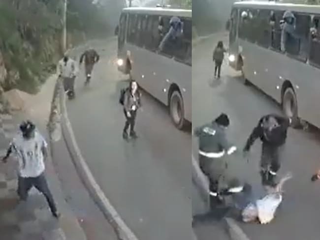 En un video quedó registrado como la mujer era jaloneada por su agresor en una carretera y justo cruzaba un bus que se detuvo y varios hombres bajaron a defenderla. / FOTO: Captura de video