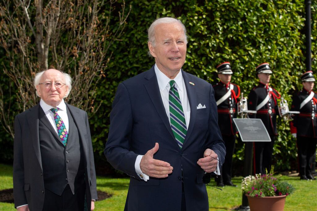 DUBLIN, IRELAND - APRIL 13: In this handout image provided by the Irish Government, US President Joe Biden is greeted by President Michael D Higgins at Áras an Uachtaráin on April 13, 2023 in Dublin, Ireland. US President Joe Biden has travelled to Northern Ireland and Ireland with his sister Valerie Biden Owens and son Hunter Biden to explore his family's Irish heritage and mark the 25th Anniversary of the Good Friday Peace Agreement. (Photo by Julien Behal/Irish Government via Getty Images)