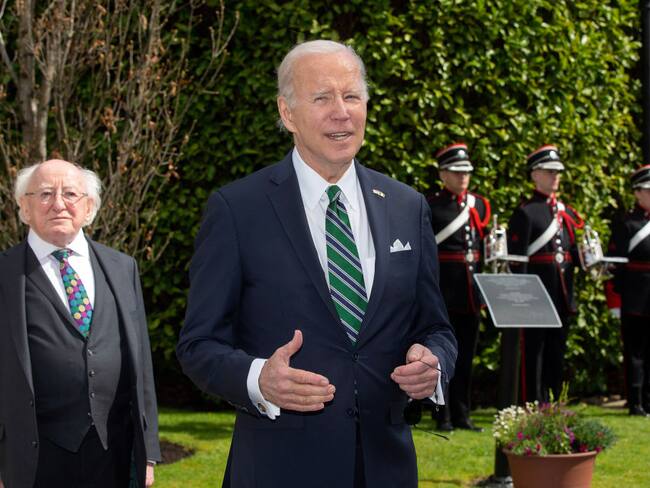 DUBLIN, IRELAND - APRIL 13: In this handout image provided by the Irish Government, US President Joe Biden is greeted by President Michael D Higgins at Áras an Uachtaráin on April 13, 2023 in Dublin, Ireland. US President Joe Biden has travelled to Northern Ireland and Ireland with his sister Valerie Biden Owens and son Hunter Biden to explore his family's Irish heritage and mark the 25th Anniversary of the Good Friday Peace Agreement. (Photo by Julien Behal/Irish Government via Getty Images)