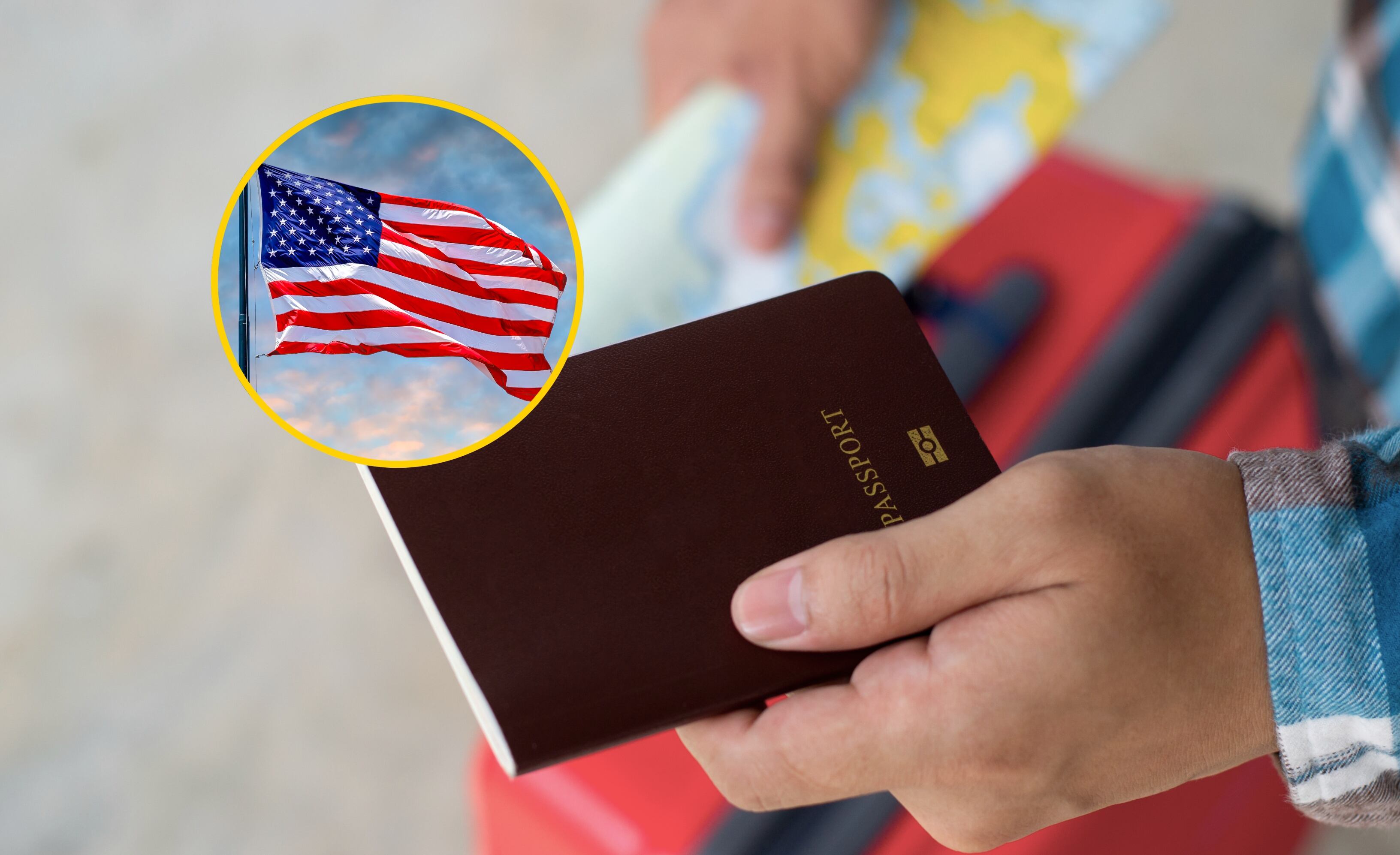 Referencia de viajero y bandera de EE.UU. Foto: seksan Mongkhonkhamsao y Roberto Machado Noa vía Getty Images. 