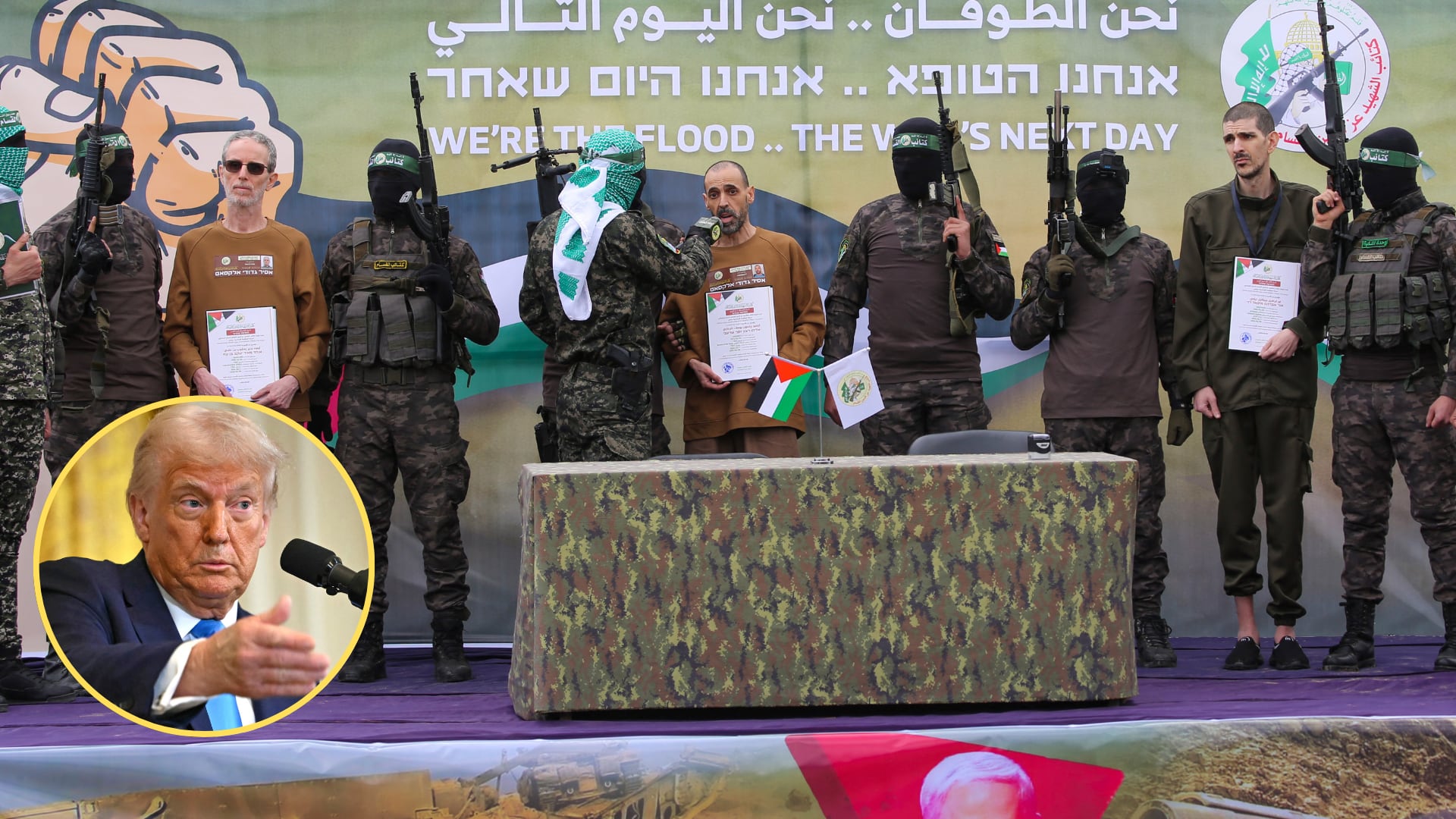 Soldados de Hamás escoltan rehenes. FOTO: EYAD BABA/AFP via Getty Images