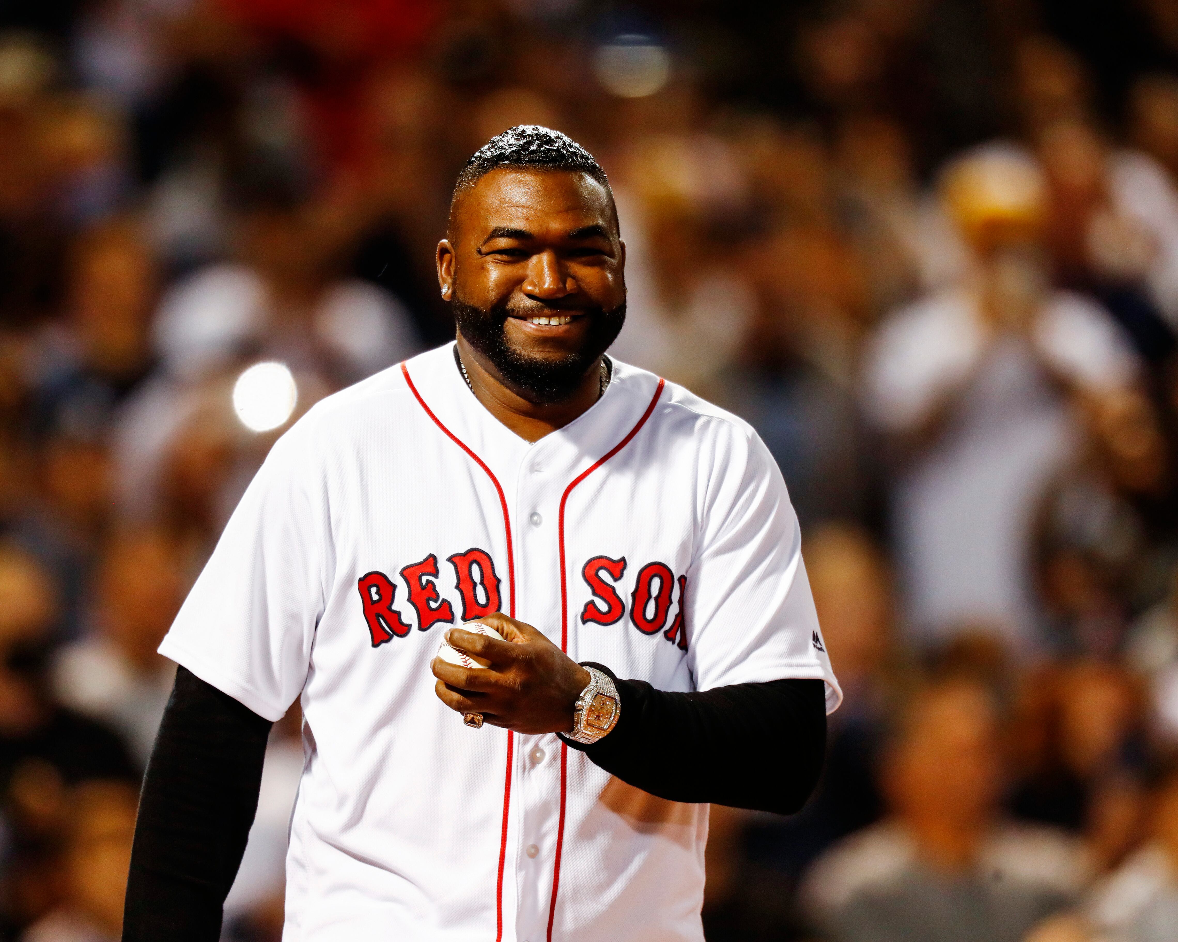 BOSTON, MASSACHUSETTS - SEPTEMBER 26:  Former Boston Red Sox great David Ortiz reacts before the game between the Boston Red Sox and the New York Yankees at Fenway Park on September 26, 2021 in Boston, Massachusetts. (Photo by Omar Rawlings/Getty Images)