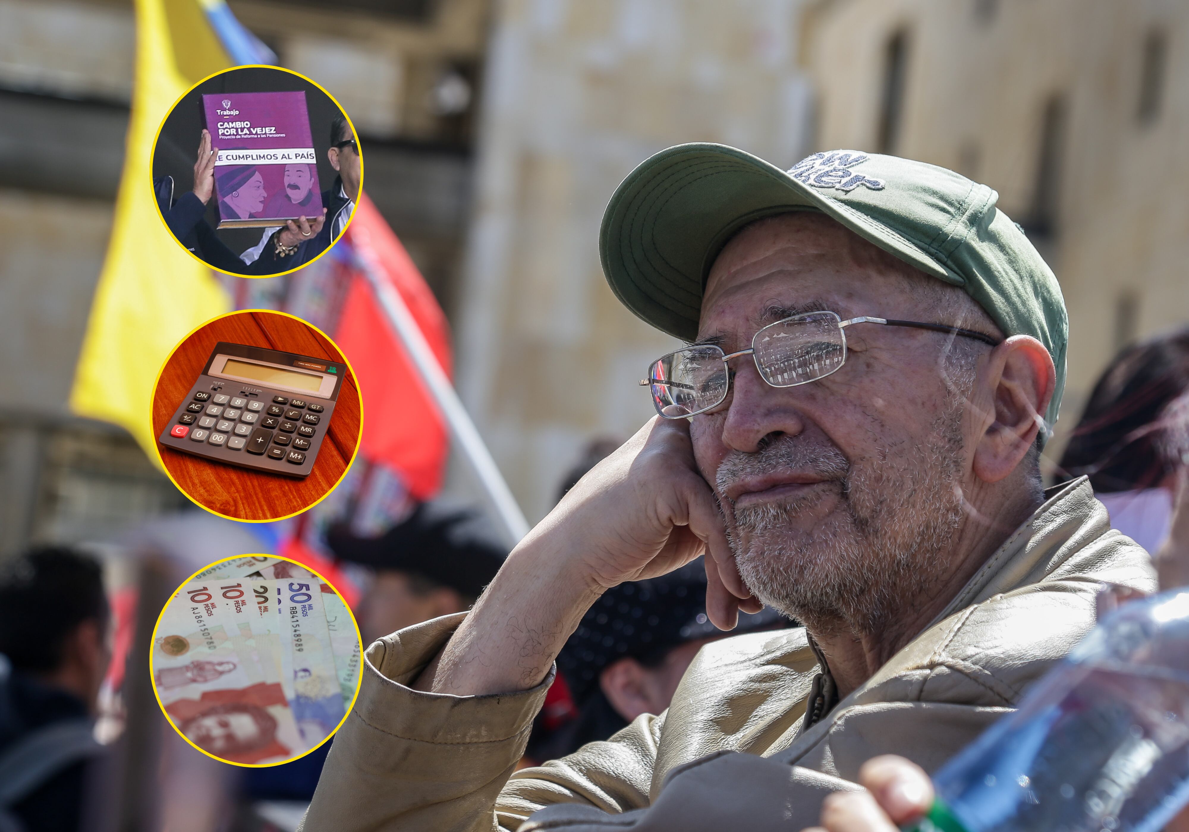 Imagen de referencia de la firma de la reforma pensional del gobierno de Gustavo Petro (Colprensa - Catalina Olaya), billetes colombianos (Jose Arbeláez/Getty Images) y una calculadora (Devasahayam Chandra Dhas/Getty Images)