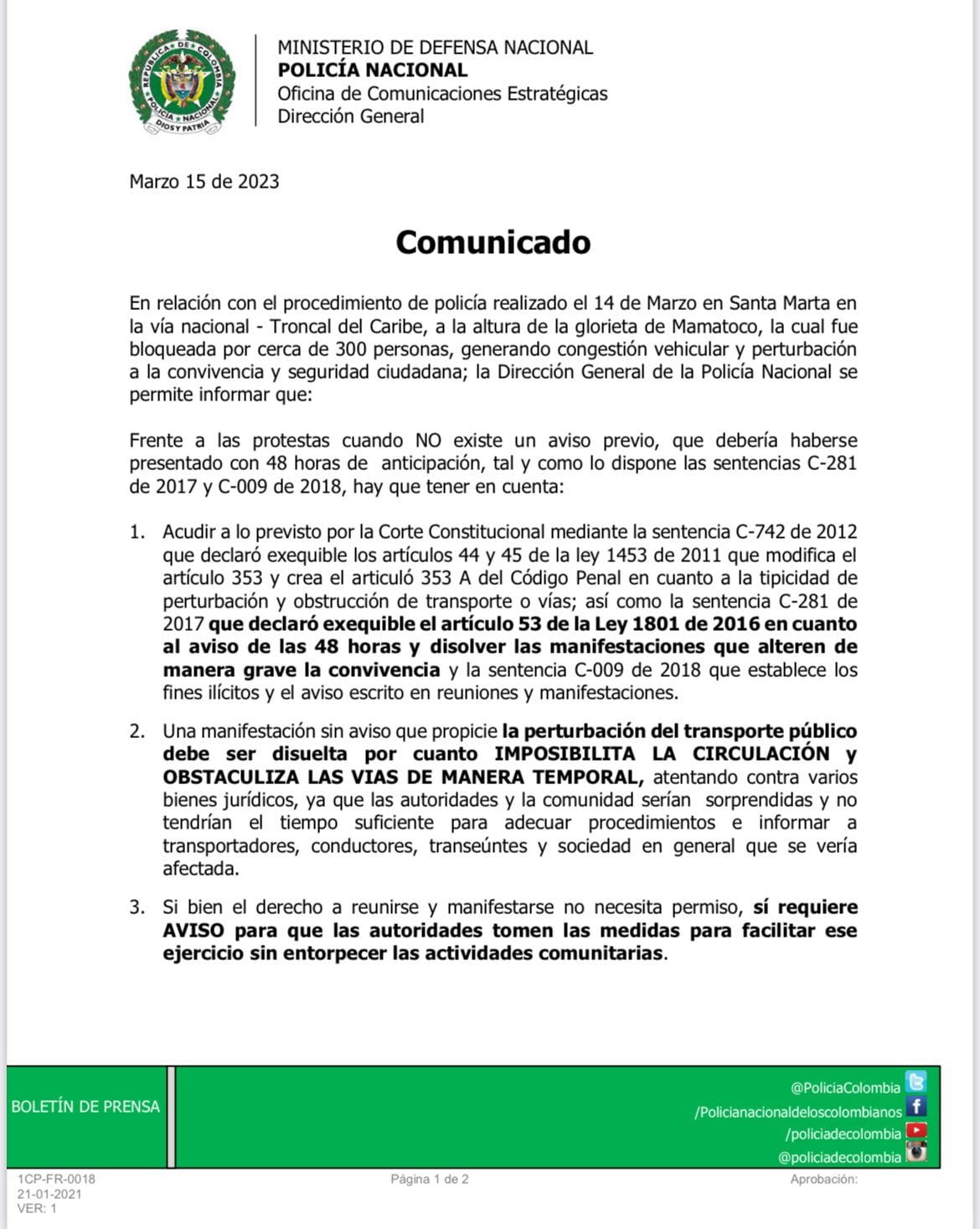 Dirección de la Policía respalda actuación de la Metropolitana en Santa Marta