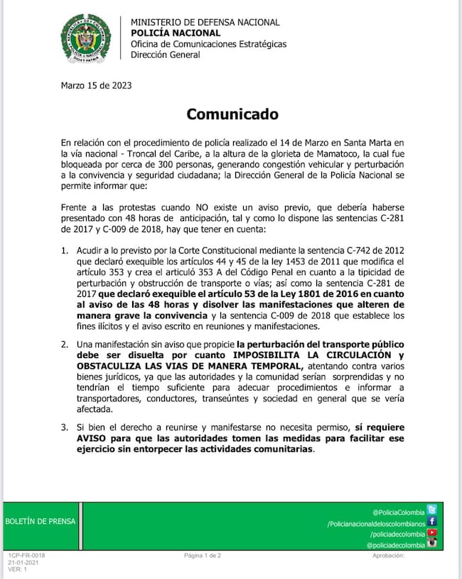 Dirección de la Policía respalda actuación de la Metropolitana en Santa Marta