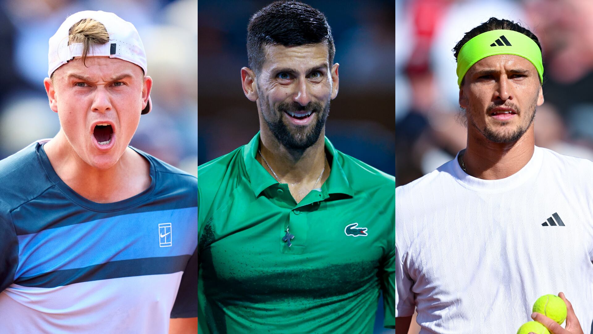 Zverev. Foto: Sven Hoppe/dpa (Photo by Sven Hoppe/picture alliance via Getty Images - Rune. Foto: Pedro Salado/Getty Images - Djokovic. Foto: Chris Arjoon/Icon Sportswire via Getty Images.