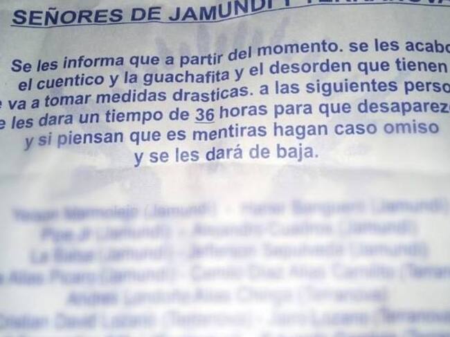 Investigan origen de panfleto amenazante en Jamundí. Foto: Cortesía.